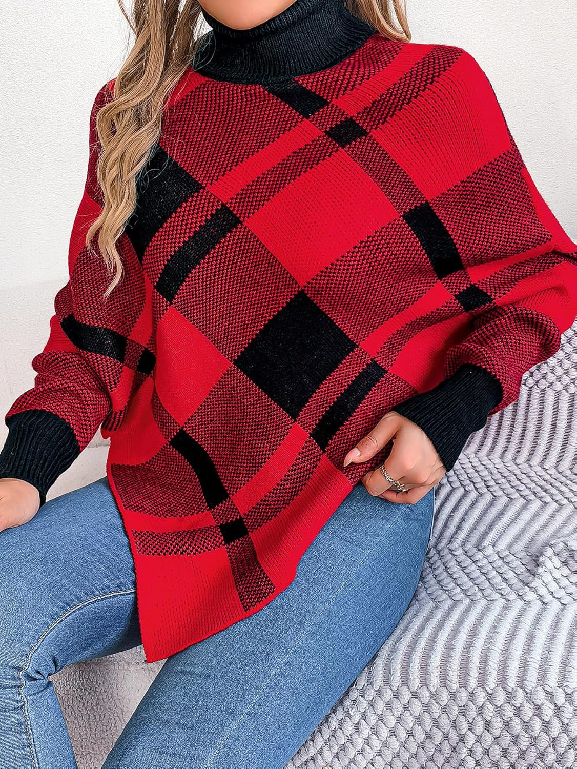 Women Turtleneck Poncho Sweaters Long Sleeve Cape Sweater Fall Winter Christmas Color Block Plaid Knit Pullover - Image 3