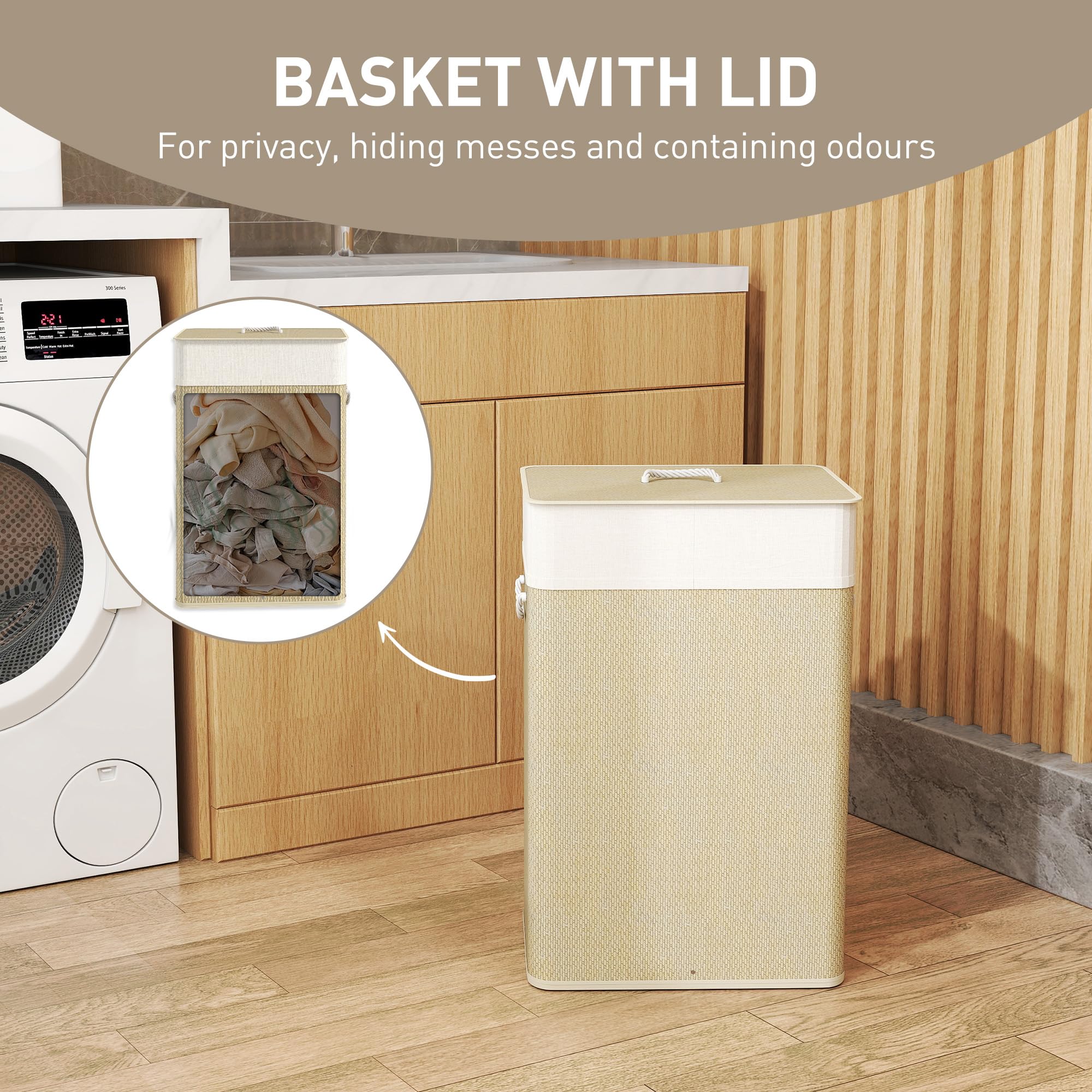 HOMCOM Bamboo Laundry Basket with Lid, 72L Laundry Hamper with Rope Handles - Image 4