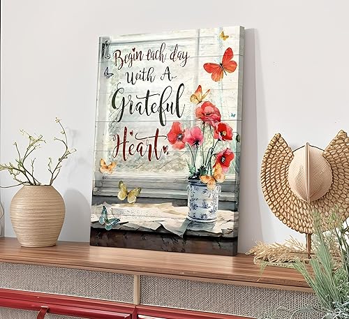 Miniatura 6 de Lienzo de flores rojas para pared, diseño retro de granja, mariposa, amapola, decoración de pared, diseño de flores modernas, comienza cada día con