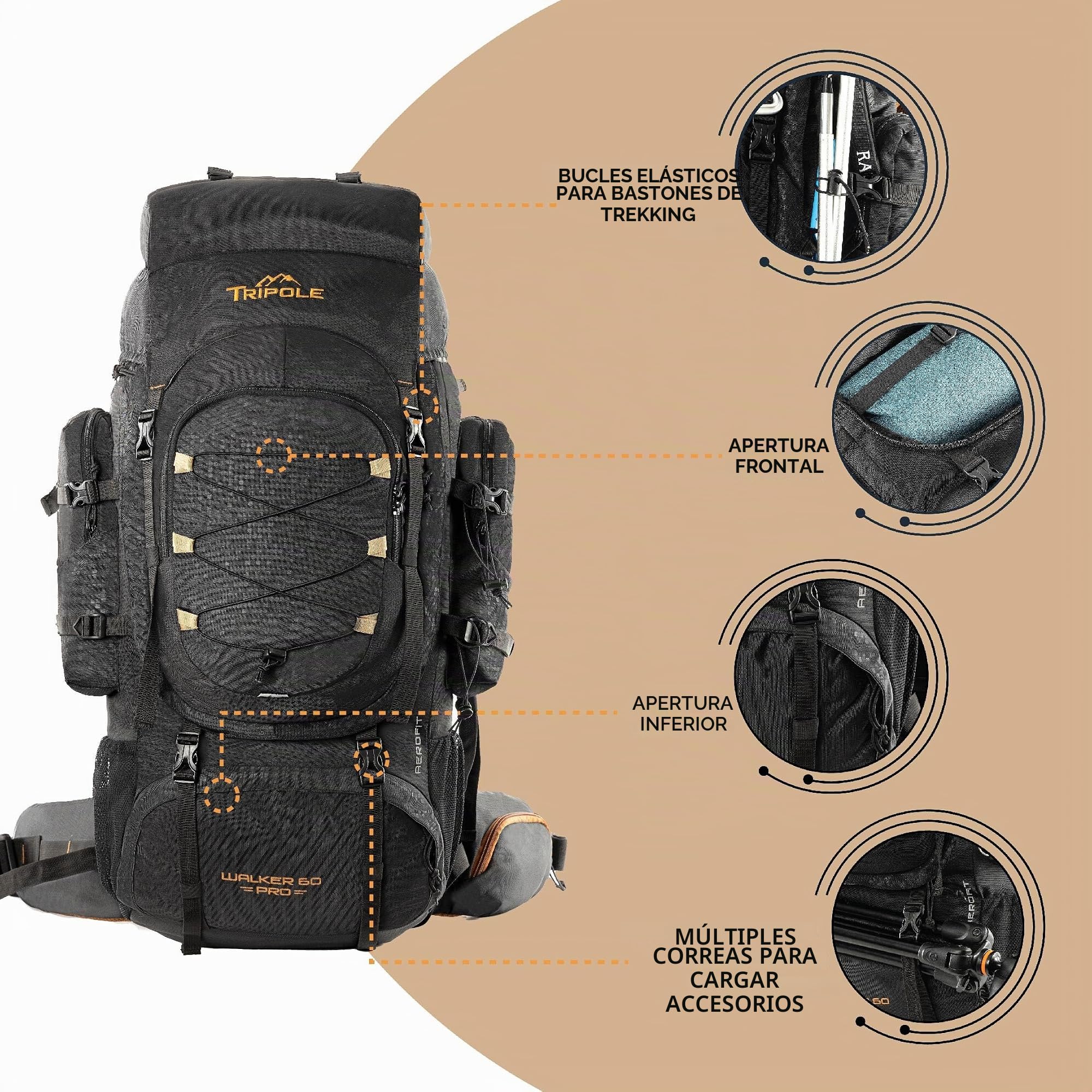 Tripole Walker Pro Mochila 60 Litros de Viaje y Senderismo para Hombre y Mujer – Mochila Impermeable con Marco Interno y Compartimento Portátil 17", Funda de Lluvia, Negro