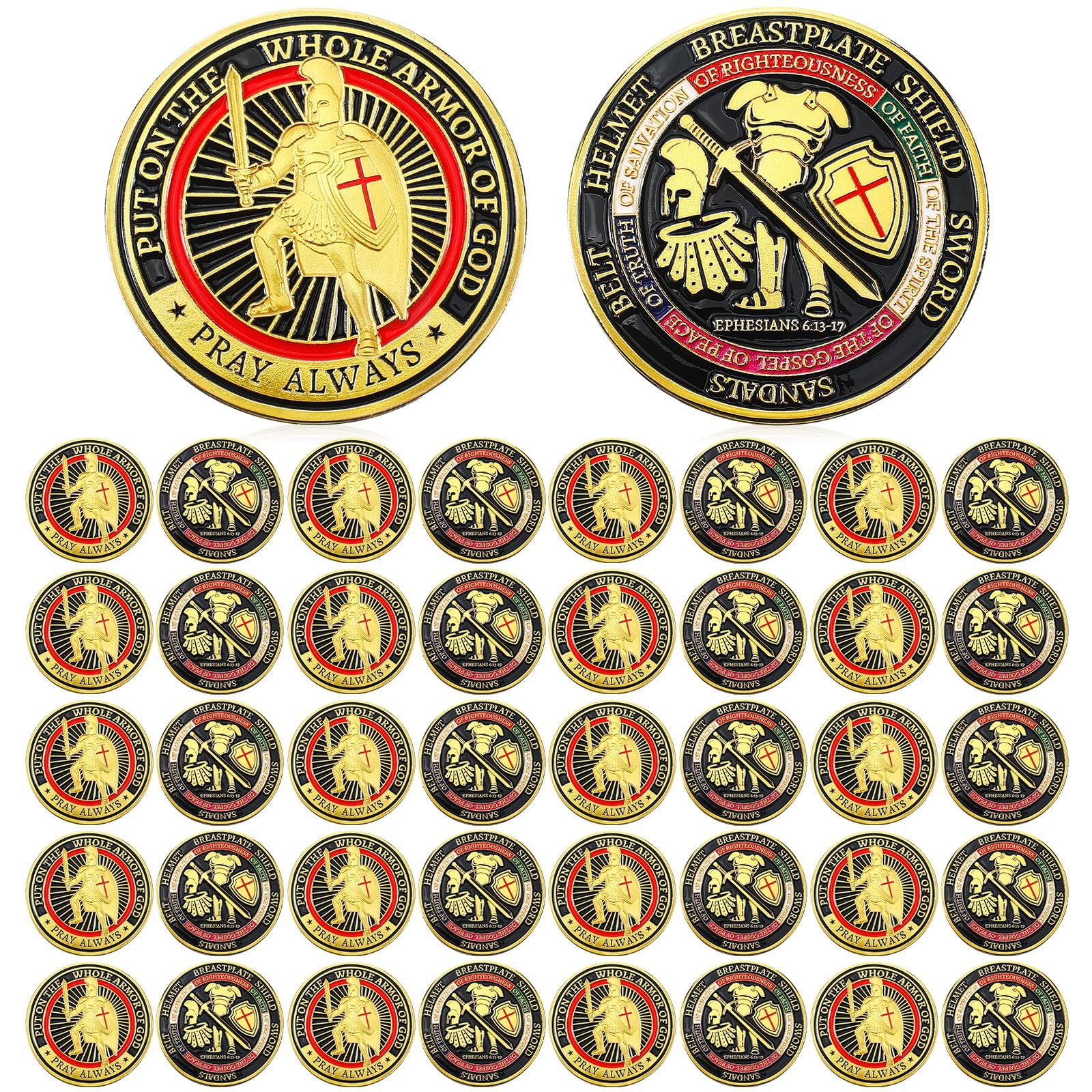 Nosiny 40 Pcs Put on The Whole Armor of God Coins Bulk Christian Challenge Coins Metal Commemorative Prayer Gifts for Men Collectors, Religious Church
