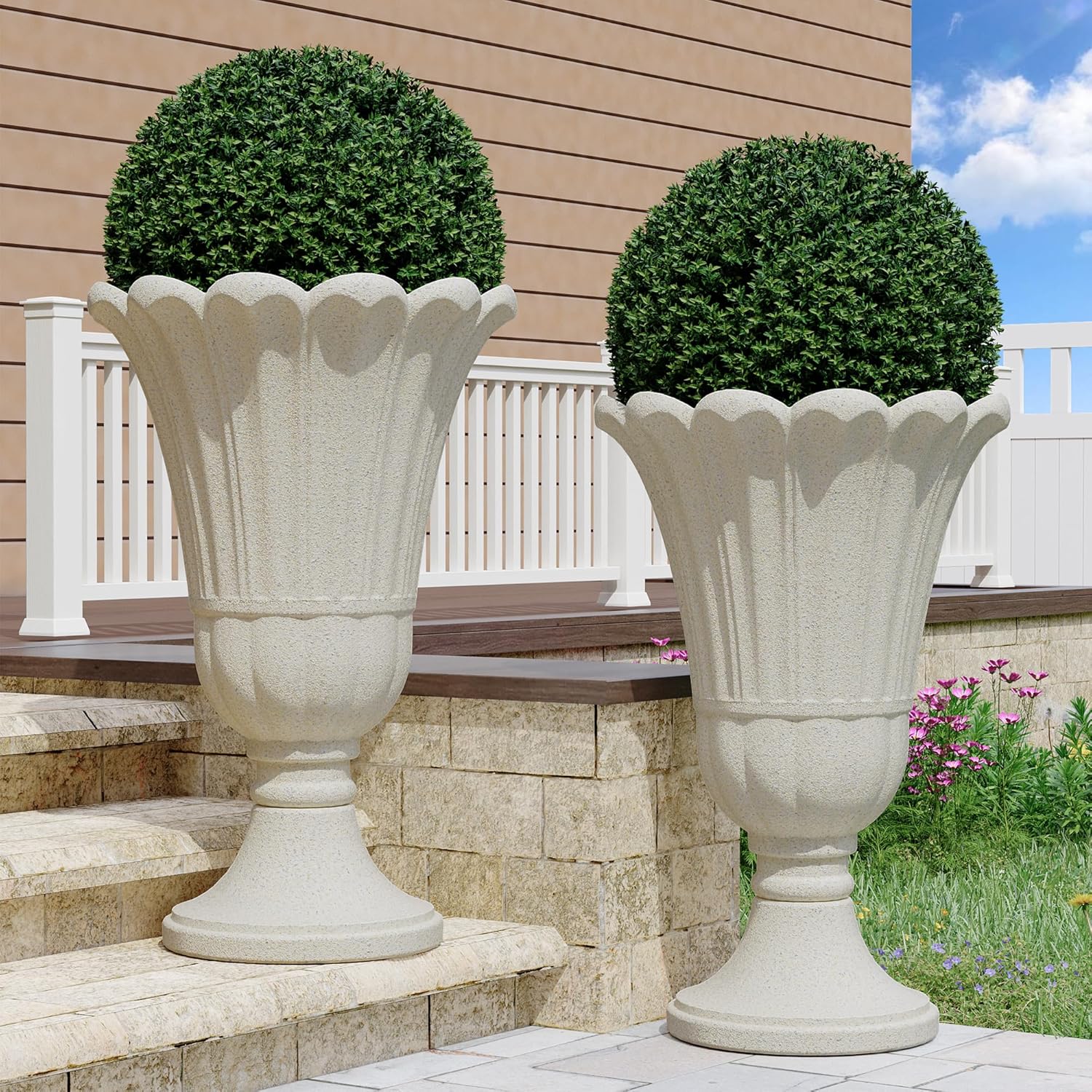 23" Tall Planters for Outdoor Plants Set of 2, Planter with Drainage Holes and Petal Design, Large Outdoor Planters for Porch, Garden, Indoor, Beige