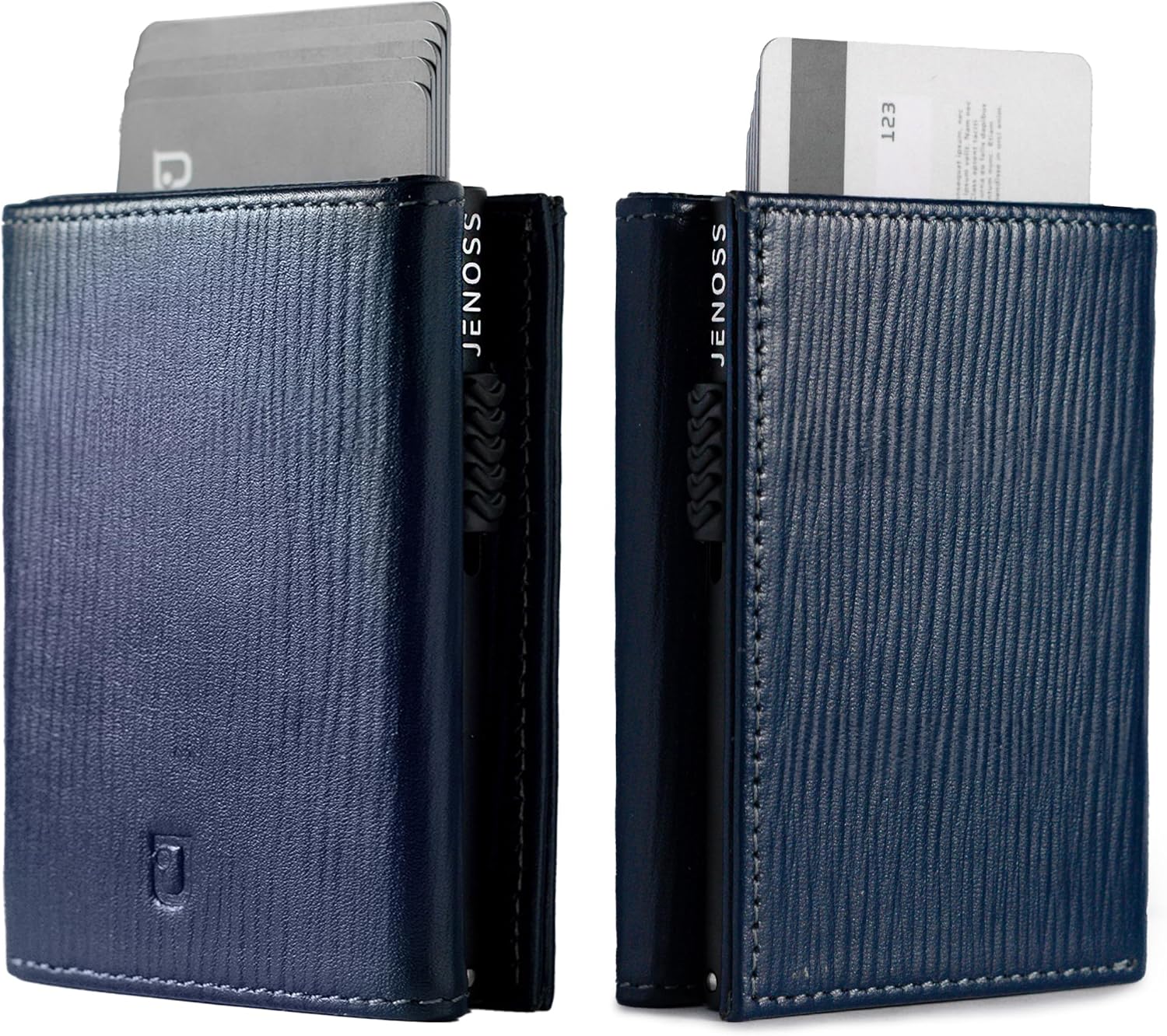 Jenoss Smart Wallet For Men: Full Grain Leather, Handcrafted, Slide Metal Pop Up Case, Slim RFID Blocking Credit Card Holder, Minimalist, Compact - 9-12 Card Organizers | ID | Money Clip (EPI Navy)