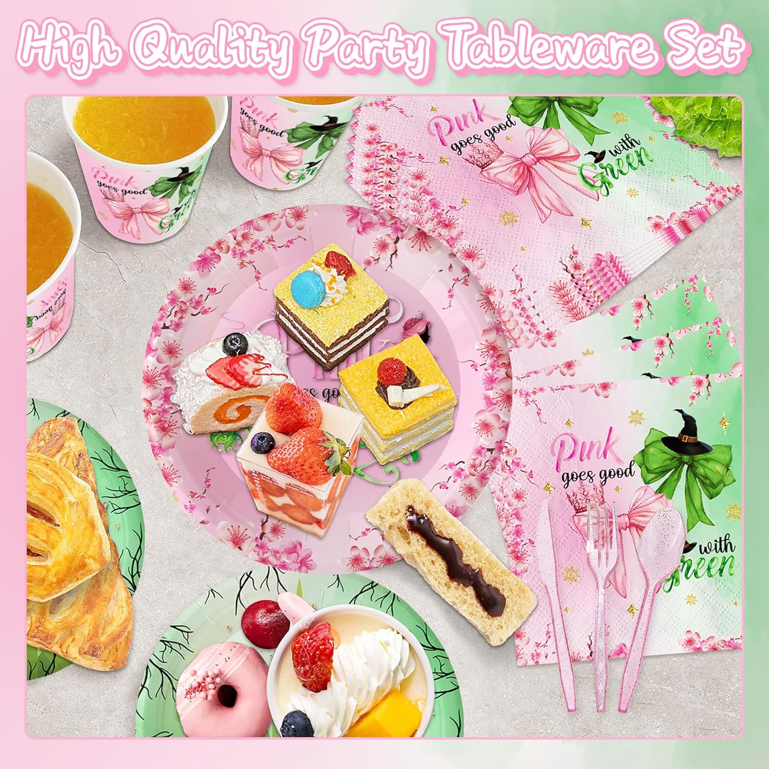 194Pcs Pink and Green Witch Party Decorations Tableware Set Include Pink Plates Green Plates Napkins and Tablecloth for Magical Themed Party Supplies - Image 4