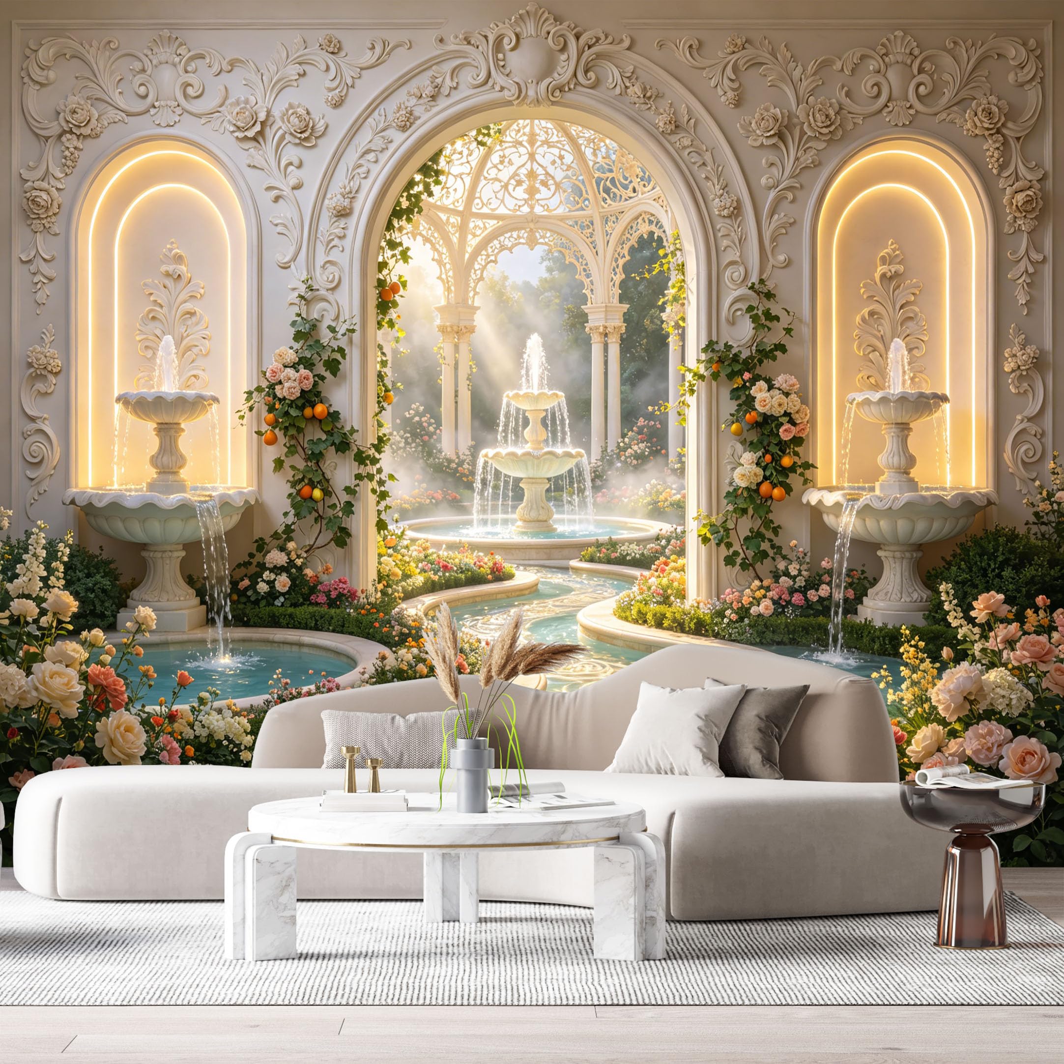 Custom Size Wall Murals Palace Garden Fountain 3D Trompe L'Oeil SelfAdhesiveWall Fabric Removable Wallpaper Wall Decor for Living Room Bedroom Bathroom