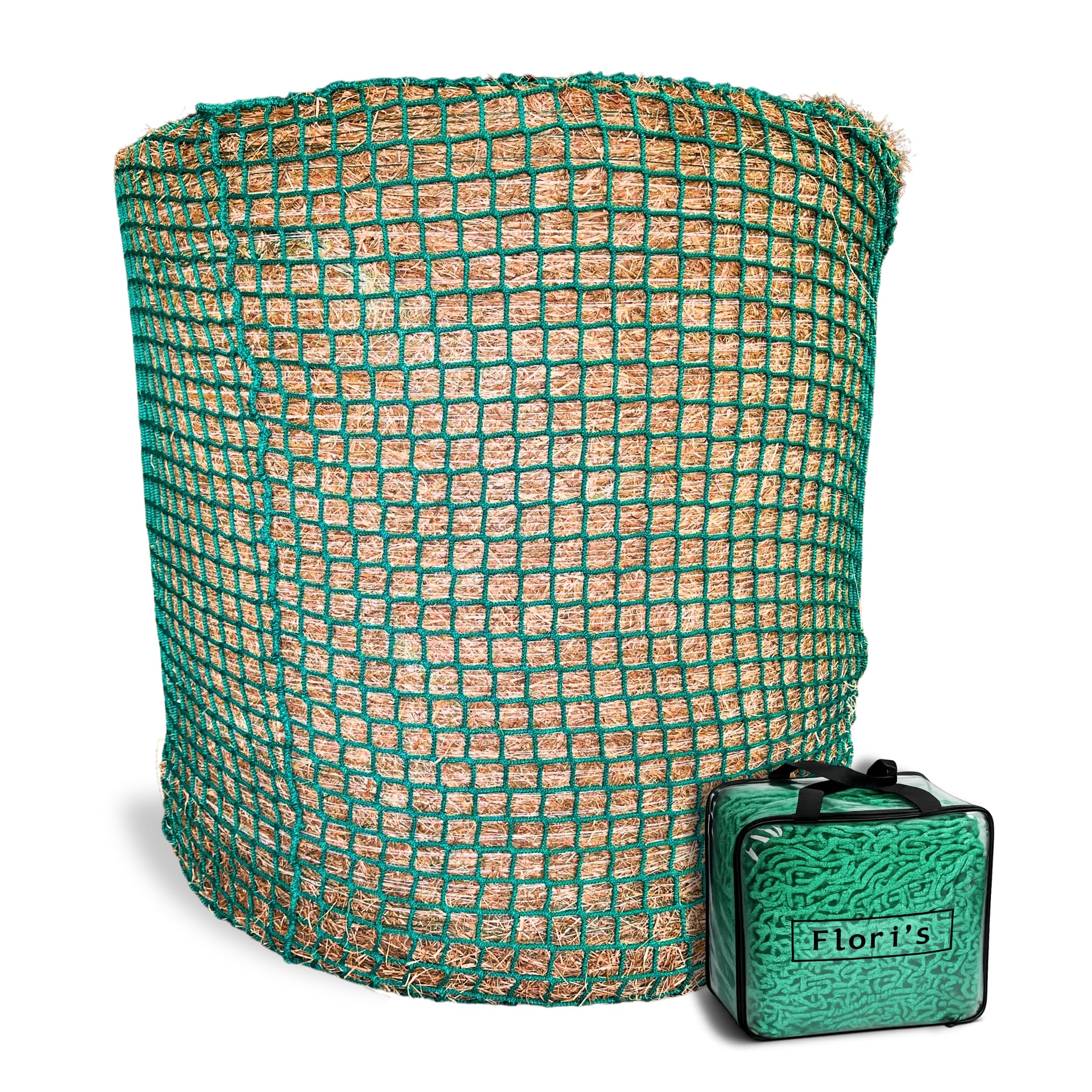 Flori's® Rete da Fieno per Balle Tonde – Ø 150 cm, Altezza 150 cm – Maglia 4,5 x 4,5 cm – Rete da Fieno Stabile per Cavalli per un'alimentazione Naturale - Rete per Balle Tonde per Fieno, Rete da