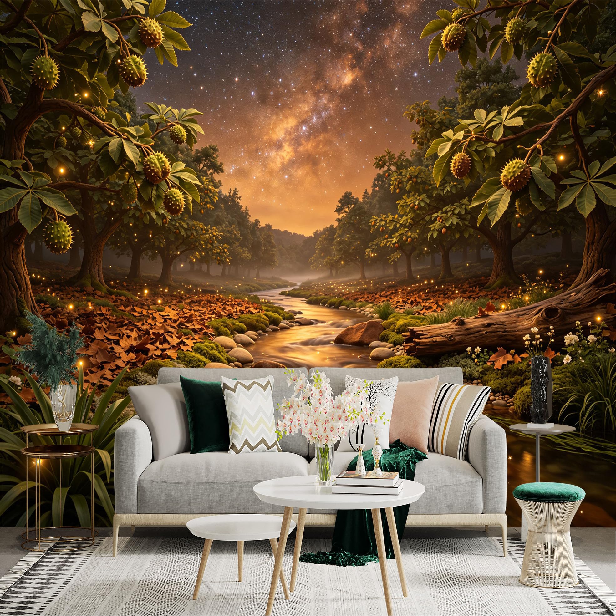 Lnzczhyre Bh260719050 Custom Size Wall Sticker Mural， Enchanted Forest Creek， Glowing Fireflies， Milky Way Galaxy Sky， Autumnal Woodland， For Wall Decoration， Peelandstick Wall Decals.