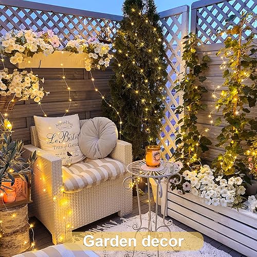 Vista 123 de JMEXSUSS Paquete de 2 luces de hadas azules que funcionan con pilas, 100 luces LED azules de 33 pies impermeables con temporizador remoto, luces