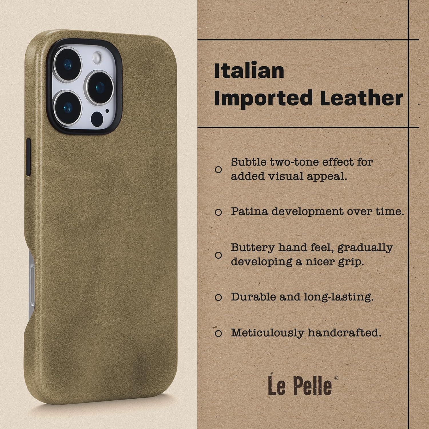 Handcrafted Premium Italian Leather Case for iPhone 16 Pro Max - Compatible with Magsafe - Two-Tone Effect with Unique Patina Over Time - Sand Dune - Image 3