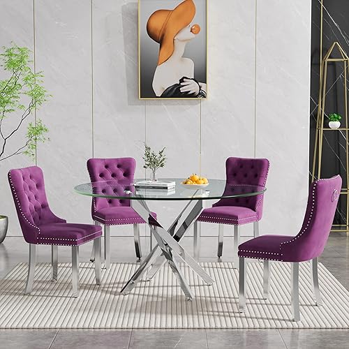 Miniatura 19 de Mesa de comedor redonda de vidrio de 36 pulgadas para 2-4 personas, patas de metal negro resistentes, mesa de cocina redonda de vidrio para