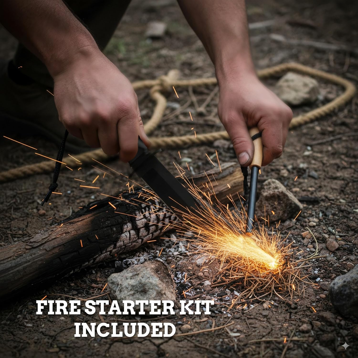 Bowie Knife with Fire Starter – Full Tang 5Cr13 Steel Blade, Rubber Handle, Nylon Sheath with Leg Wrap & Ferro Rod with Bottle Opener – Survival Tool for Camping
