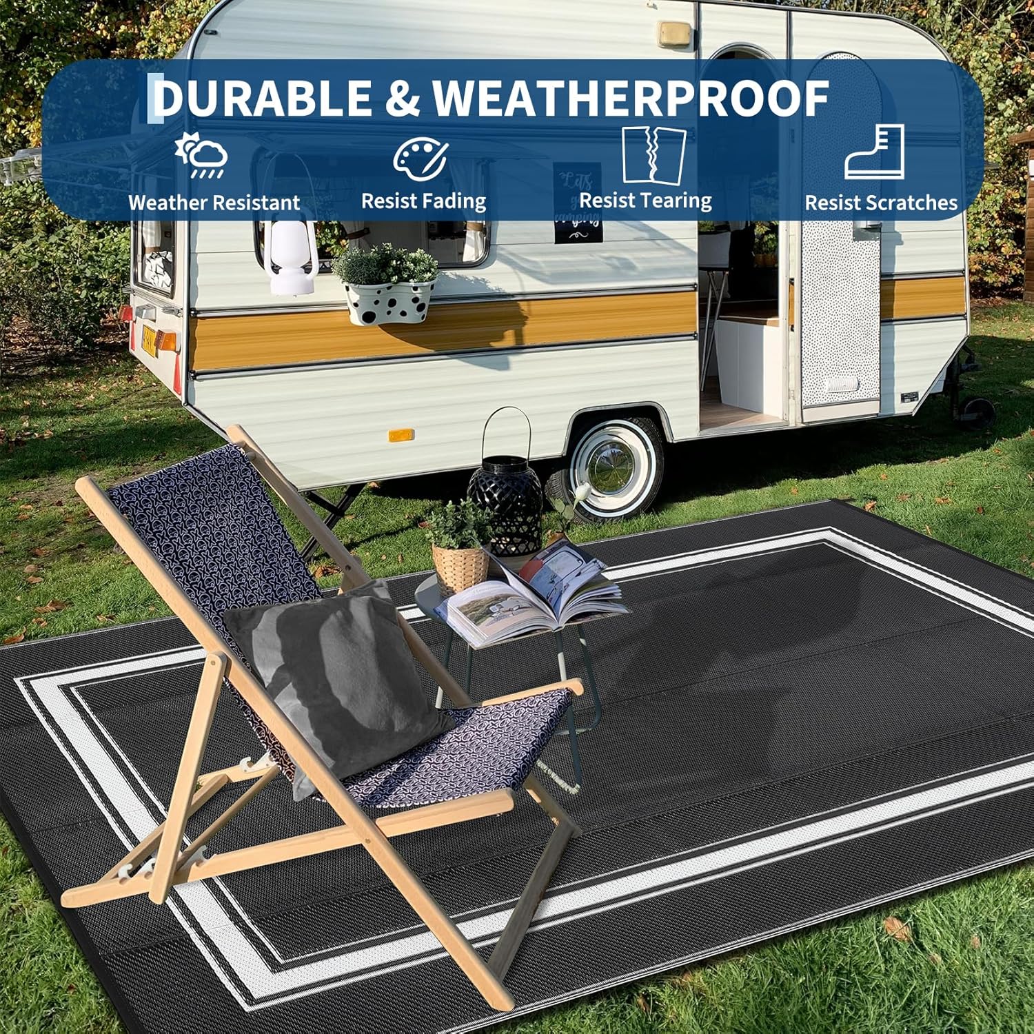 COZYLOOM Large Outdoor Rugs 9x18 Waterproof Plastic Straw Rug for Patio, Reversible Modern Bordered Camping Rug with Portable Bag & Stakes, Foldable & UV Resistant, Outdoor Carpet for Yard Deck, Black