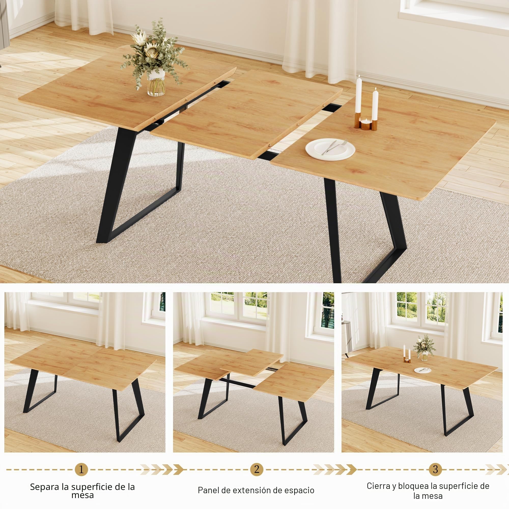 HIPIHOM Juego de mesa de comedor extensible de 130 a 170 cm, tablero de fibra de densidad media y estructura de metal, para 4 – 6 (1 mesa de comedor)