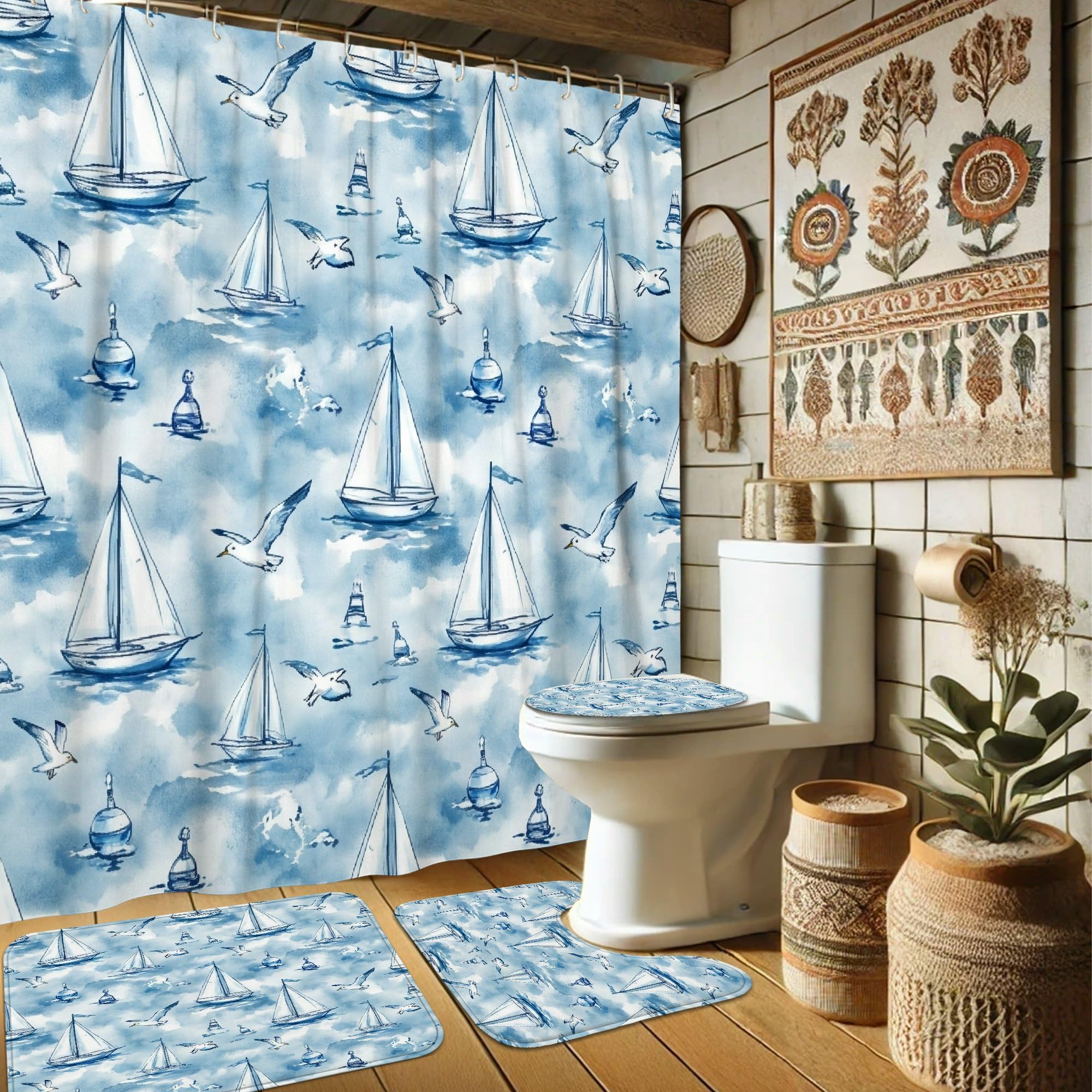Rideaux de douche voilier 183x183 avec tapis de bain bleu pour grand appartement