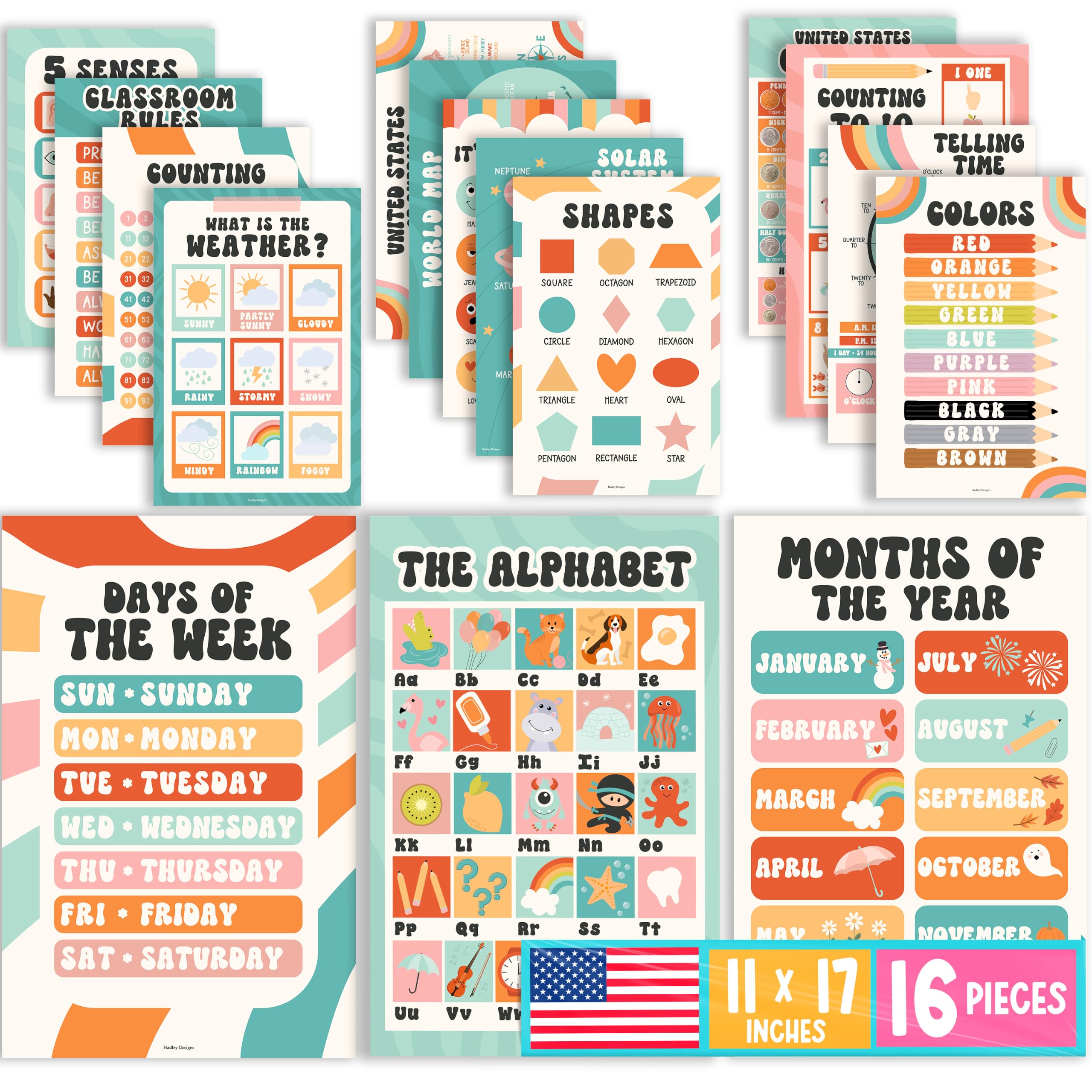 Hadley Designs Lot de 16 affiches éducatives pour les incontournables de la salle de classe – Affiches laminées pré-maternelles pour les tout-petits et les activités d'apprentissage préscolaire