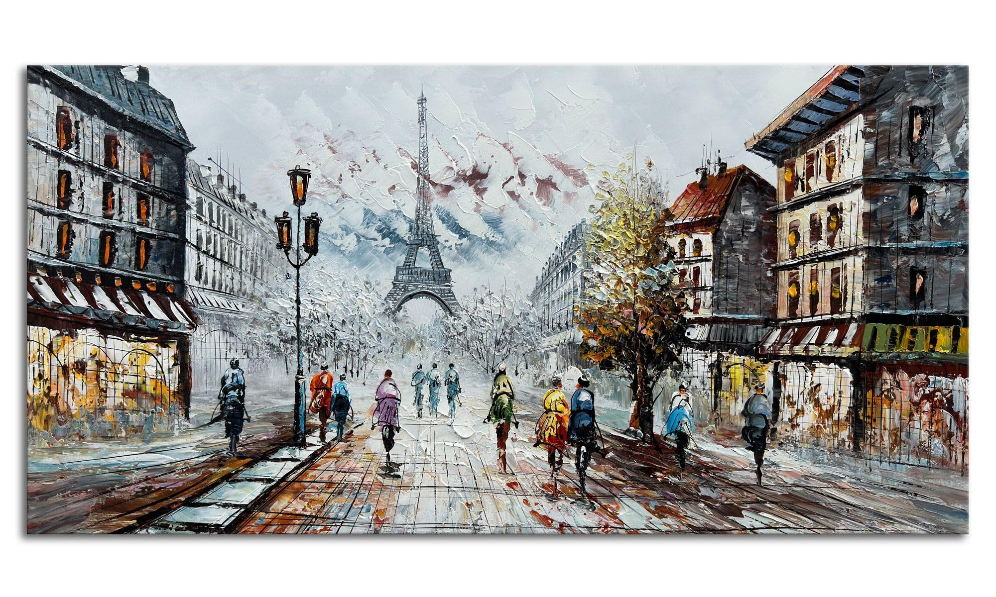 Alenoss Modern Oil Paintings on Canvas Wall Art, Paris Eiffel Tower Landscape Abstract Paintings for Living Room Bedroom Office Wall Decor 48x24 Inches, Ready to Hang