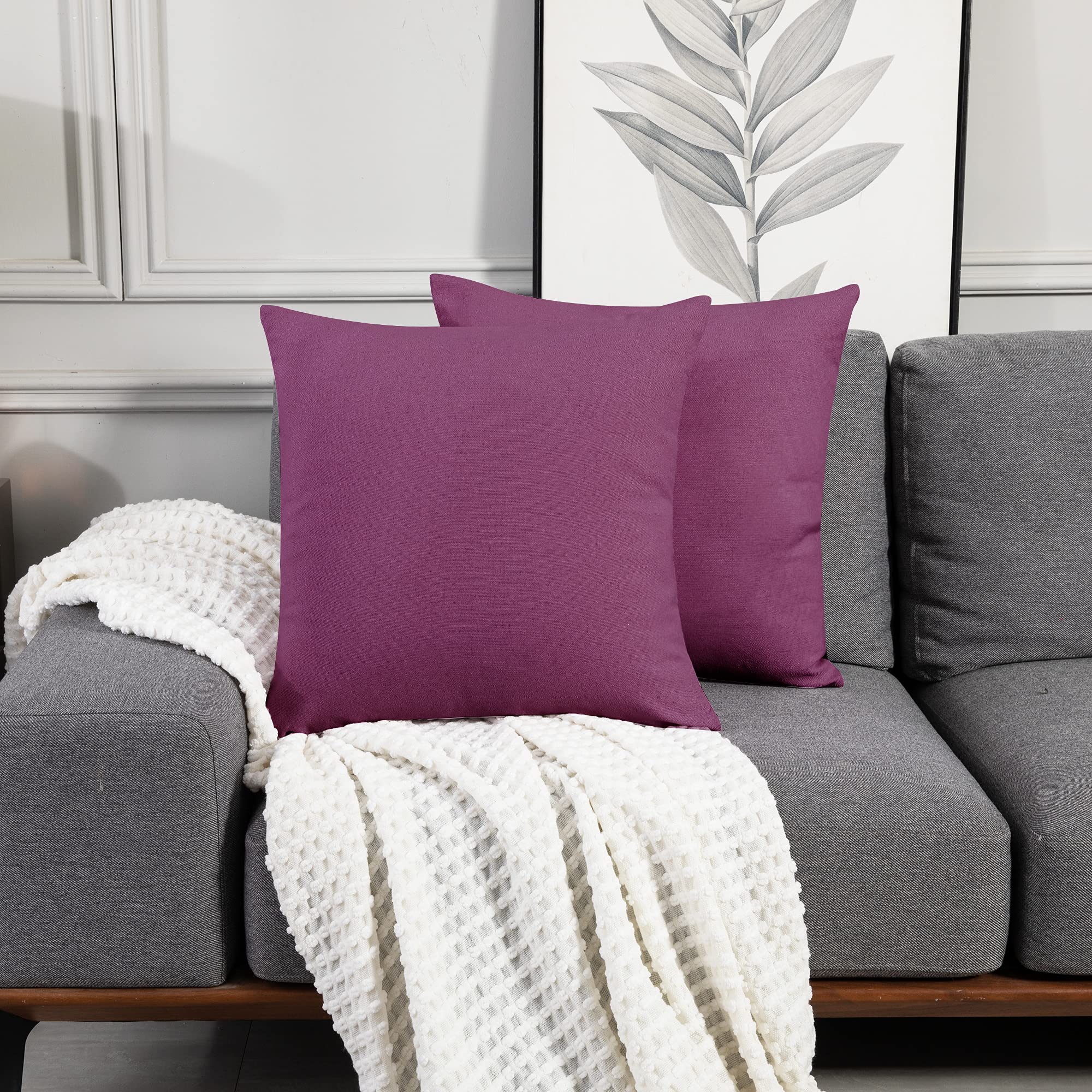 Deconovo Faux Linen Cushion Covers, Square Throw Pillow Cases Cushion Protectors for Sofa with Invisible Zipper, 16x16 Inch, 2 Pieces, Purple