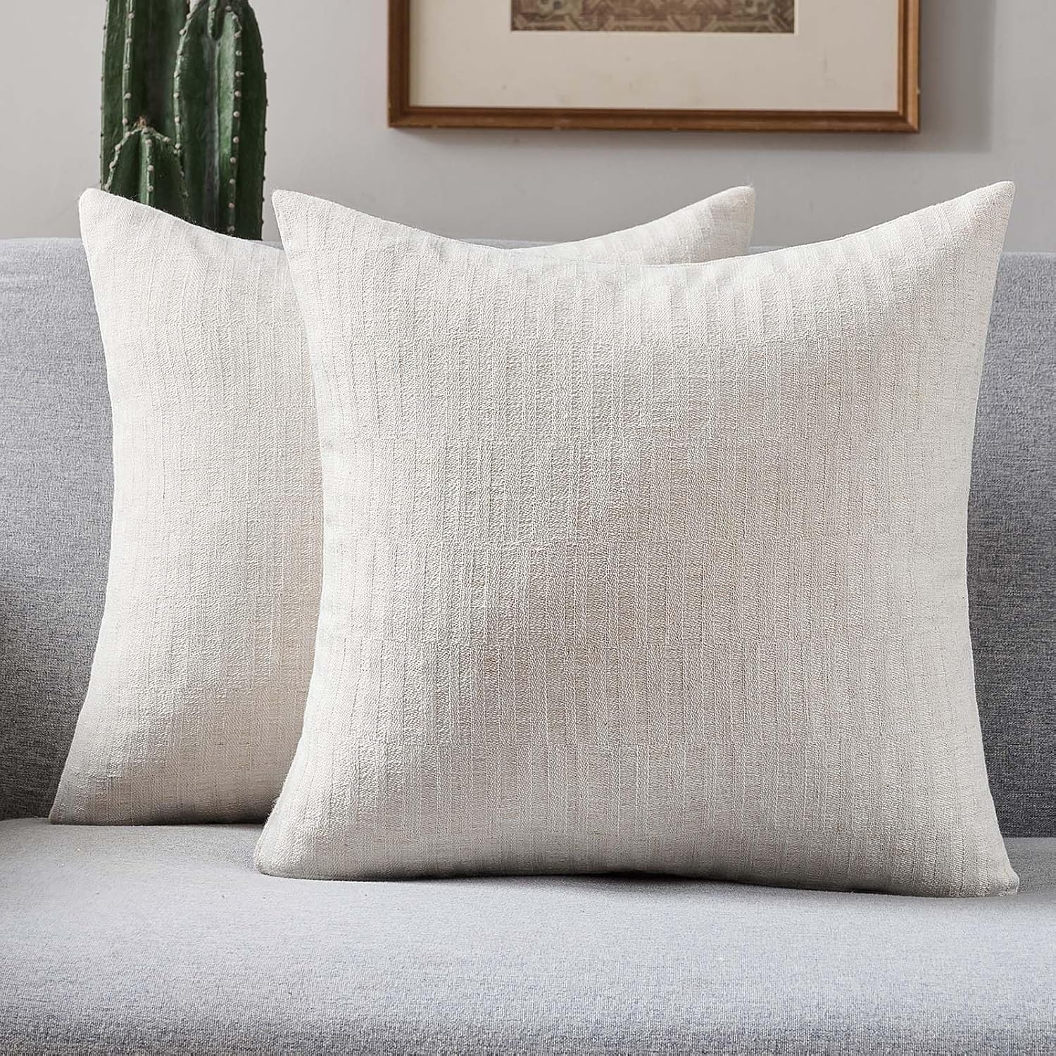 FUTEI Light Natural Decorative Throw Pillow Covers 18x18 Inch Set of 2,Soft Linen Slub Texture Cushion Case,Farmhouse Home Decor for Couch Bed Living Room Light Natural 18" x 18" (Pack of 2)