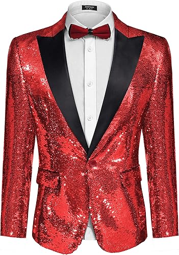 Coofandy Chaqueta de traje de lentejuelas brillante Blazer de un botón de esmoquin para fiesta, boda, banquete, baile de graduación