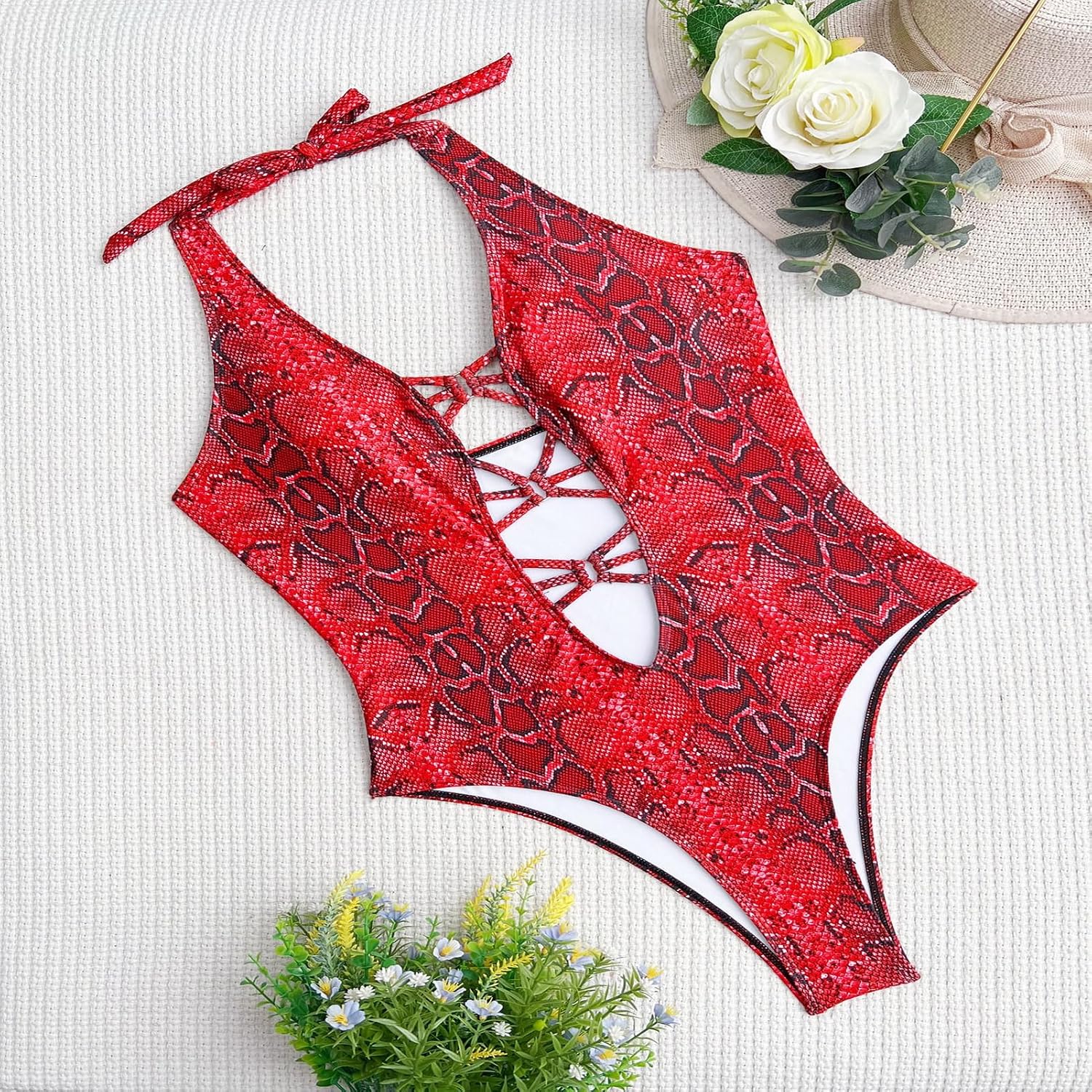 Women Sexy One Piece Thong Swimsuit Female Snakeskin Printed Halter Swimwear