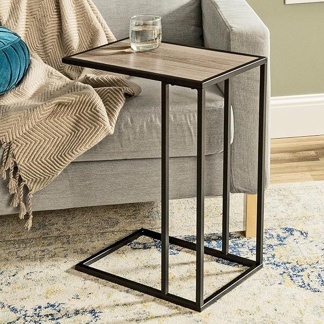 URBNLIVING Black C-Shaped End Table Nightstand Under Sofa Side Coffee Snack Table Over Bed with Metal Frame