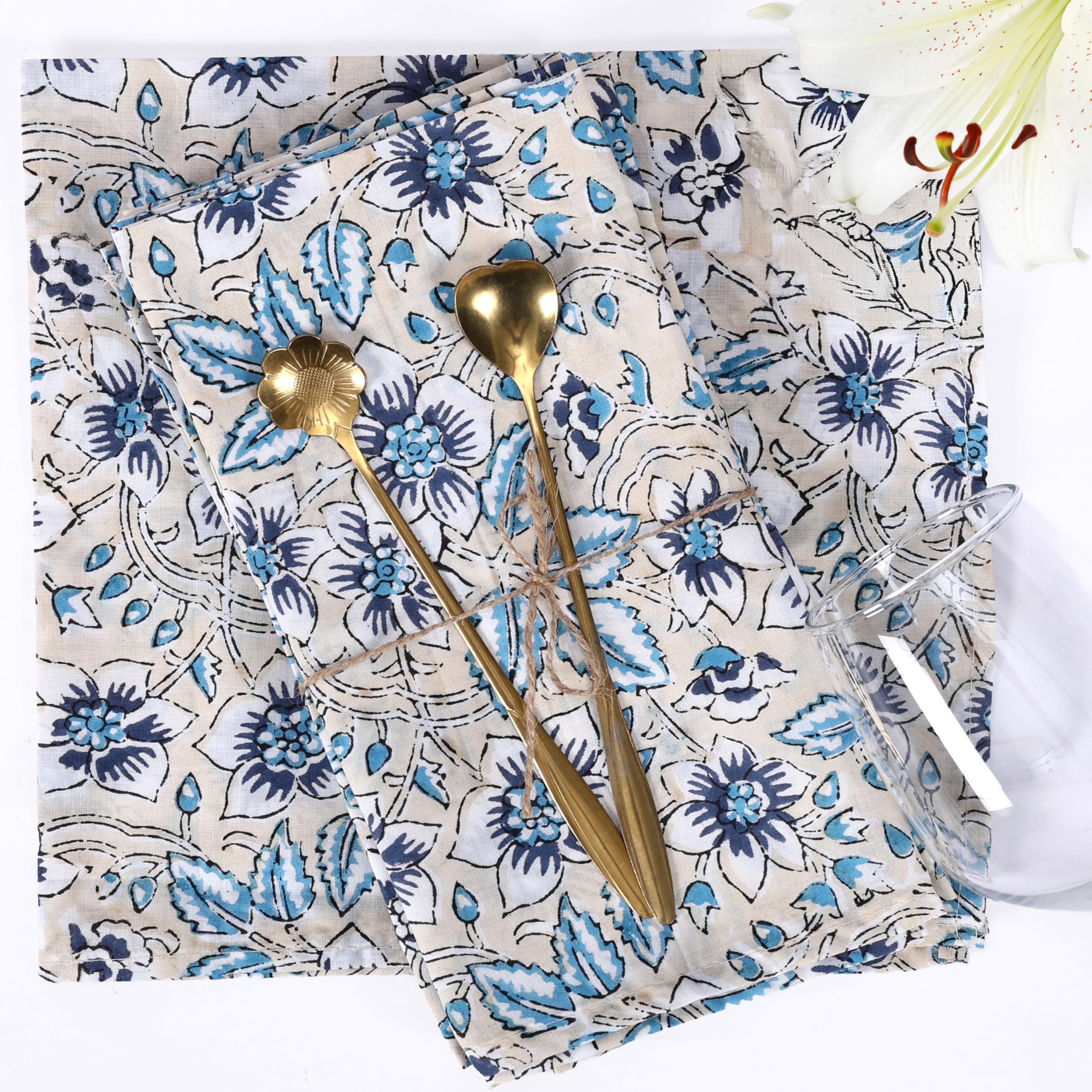 The Home Talk Handcrafted Cotton Napkins Set of 6, 18x18 Inch Reusable Cloth Dinner Napkins, Eco Friendly Handmade Indian Table Linen (Uday)