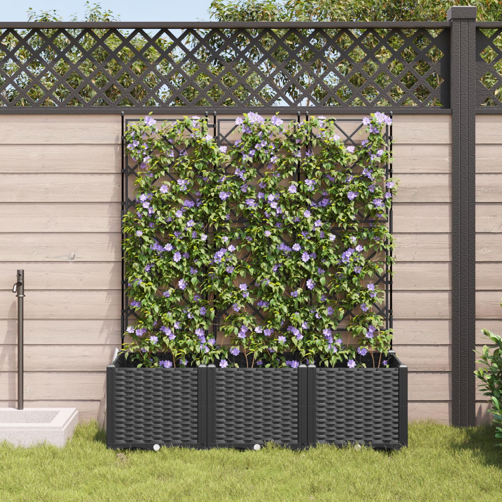 Sadzarka ogrodowa z trellis 3 sztuki czarna 120 x 40 x 143 cm do pnących roślin, nowoczesna donica z wytrzymałego tworzywa sztucznego do wewnątrz i na zewnątrz, łatwa