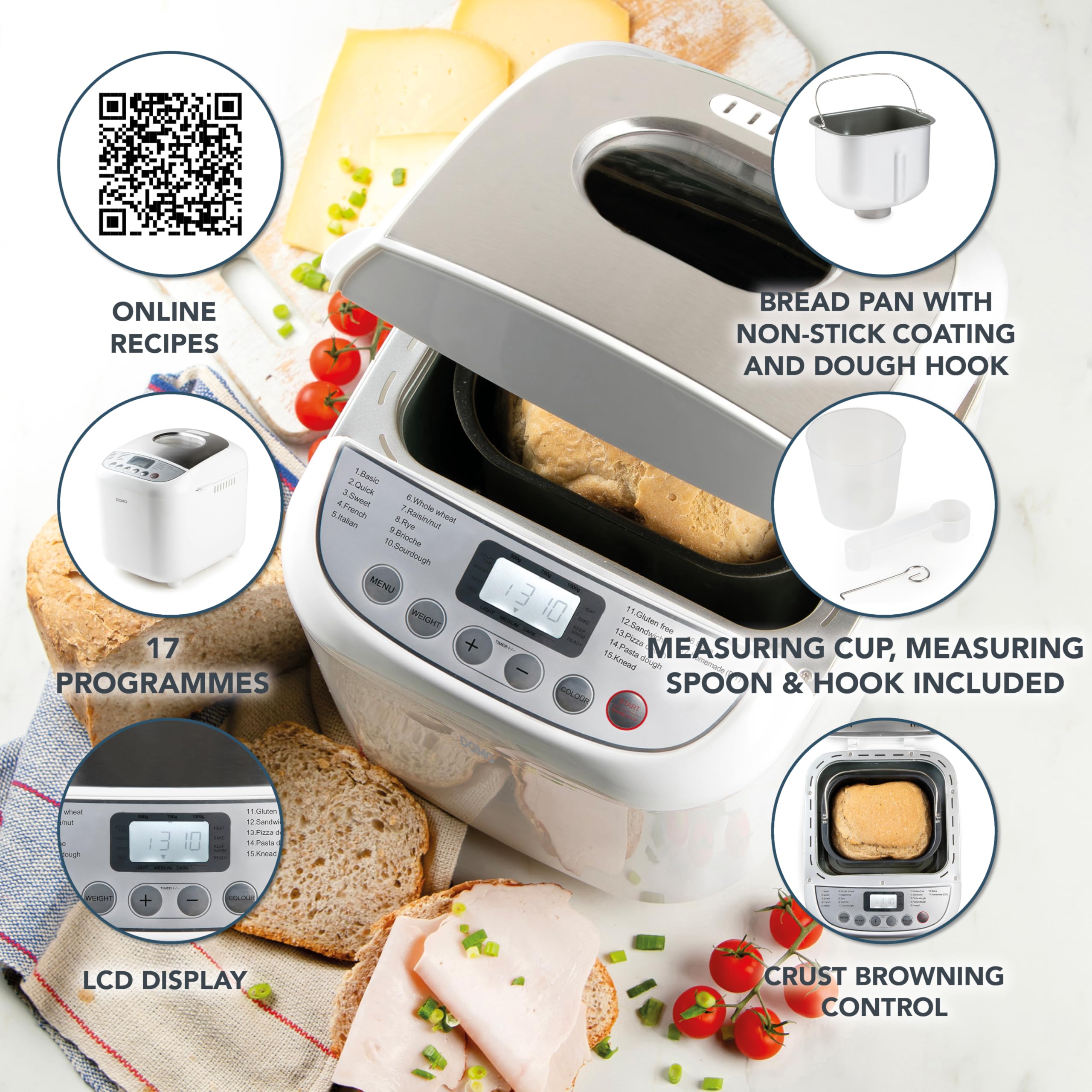 DOMO B3976 Machine à pain – 17 programmes de cuisson (dont Pizza et Sans gluten) – 3 tailles de pain (500 g, 750 g, 1000 g) – Sans PFAS – Avec minuterie – Écran LCD – Blanc