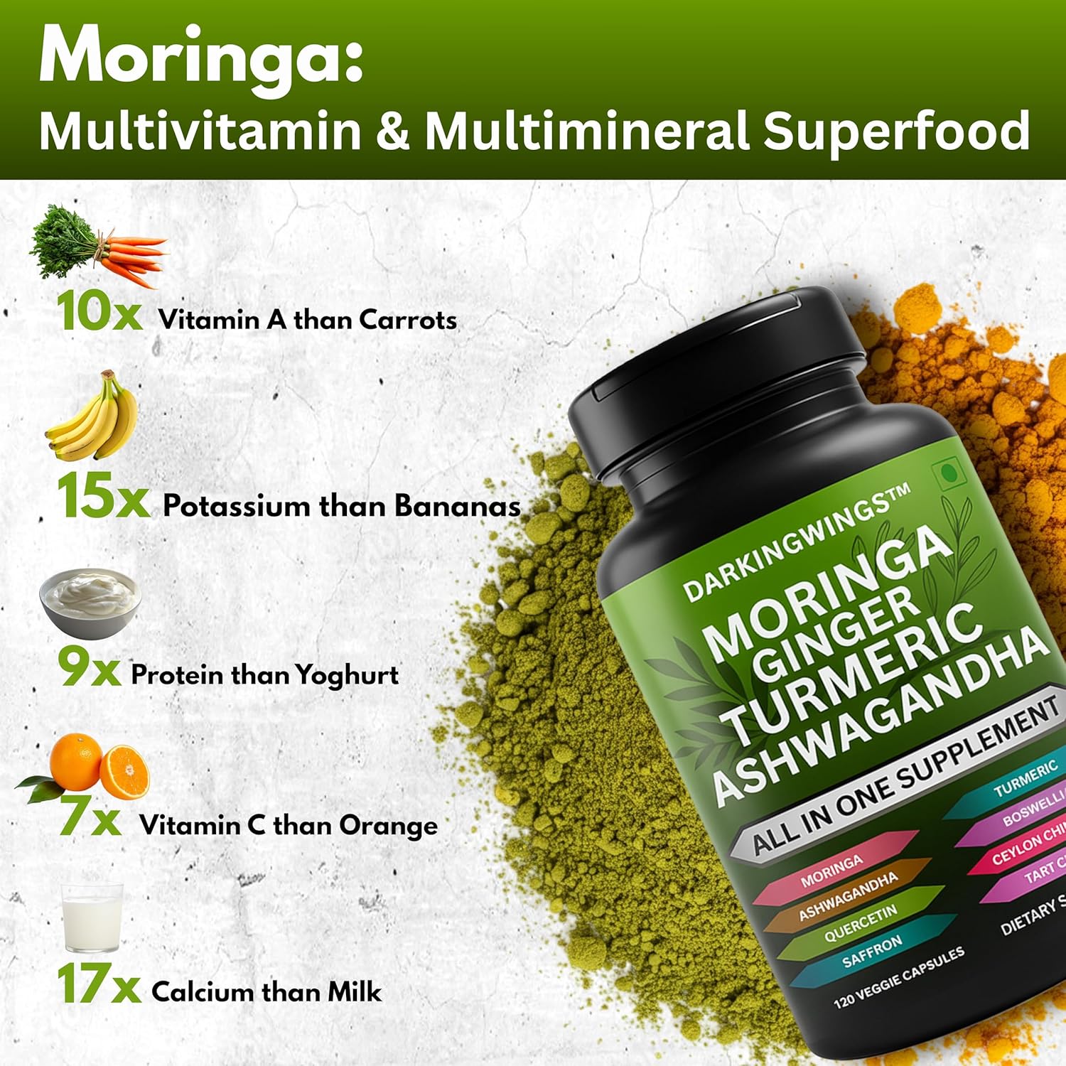 Turmeric Curcumin Moringa Supplement Ginger Boswellia Saffron - Joint Support Supplements for Women and Men with Ceylon Cinnamon, Tart Cherry, Quercetin Garlic Nettle Holy Basil - 120 Count - Image 5