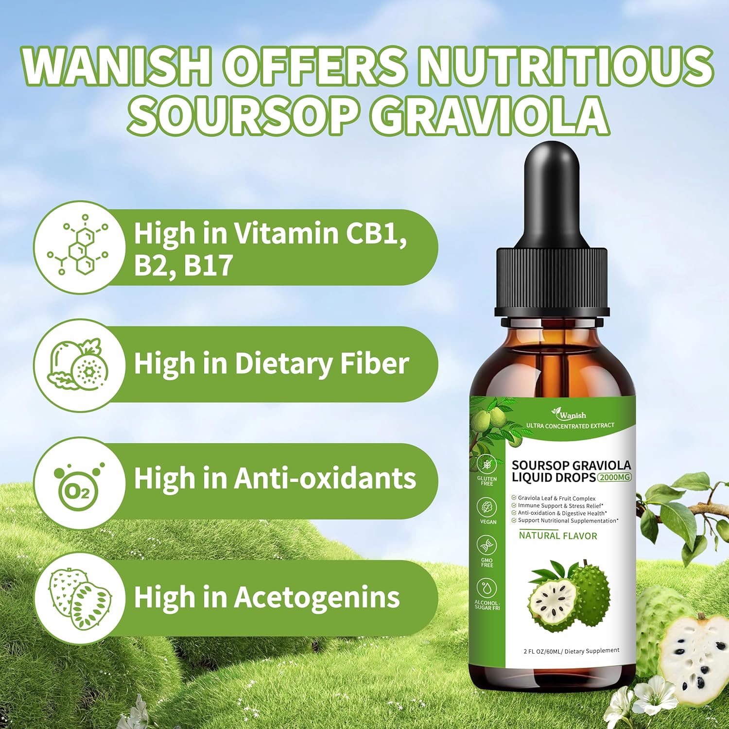 Wanish Organic Soursop Graviola Liquid Drop,Sour SOP Bitters Liquid for Cell Support & Regeneration, Immune Boost, Liver and Sleep, Herbal Goodness, Sugar/Gluten Free, Natural Flavor, 2 Fl Oz - Image 4