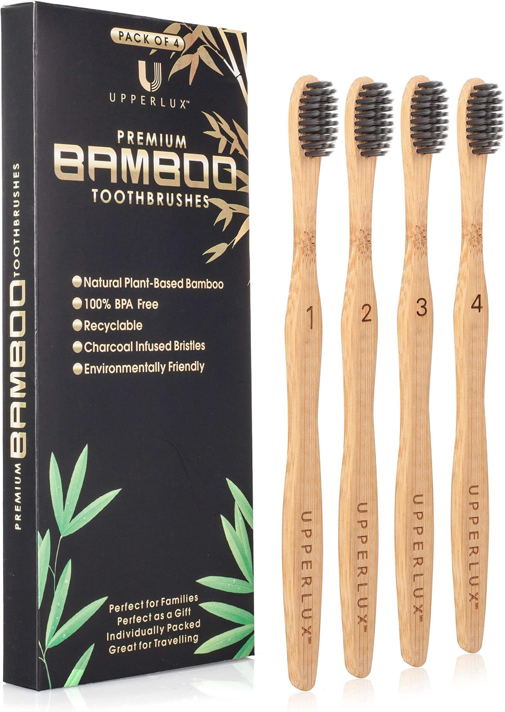 Upperlux Premium Biodegradable Bamboo Toothbrush - Set of 4 with Charcoal Infused Nylon Bristles - Natural organic, Plant-Based and Eco-Friendly
