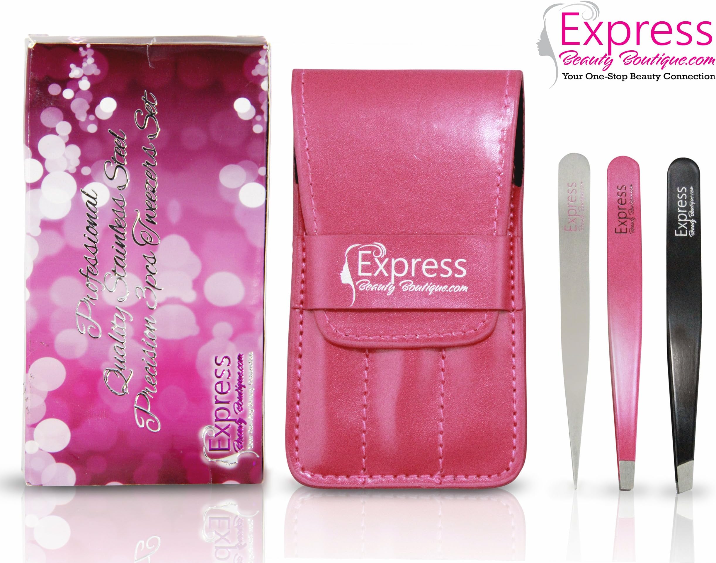 Express Beauty BoutiqueTweezers 3pcs Set Pink Case Professional Quality Stainless Steel Precision Eyebrow Tweezer for Ingrown Hair Shaping Eyebrows.