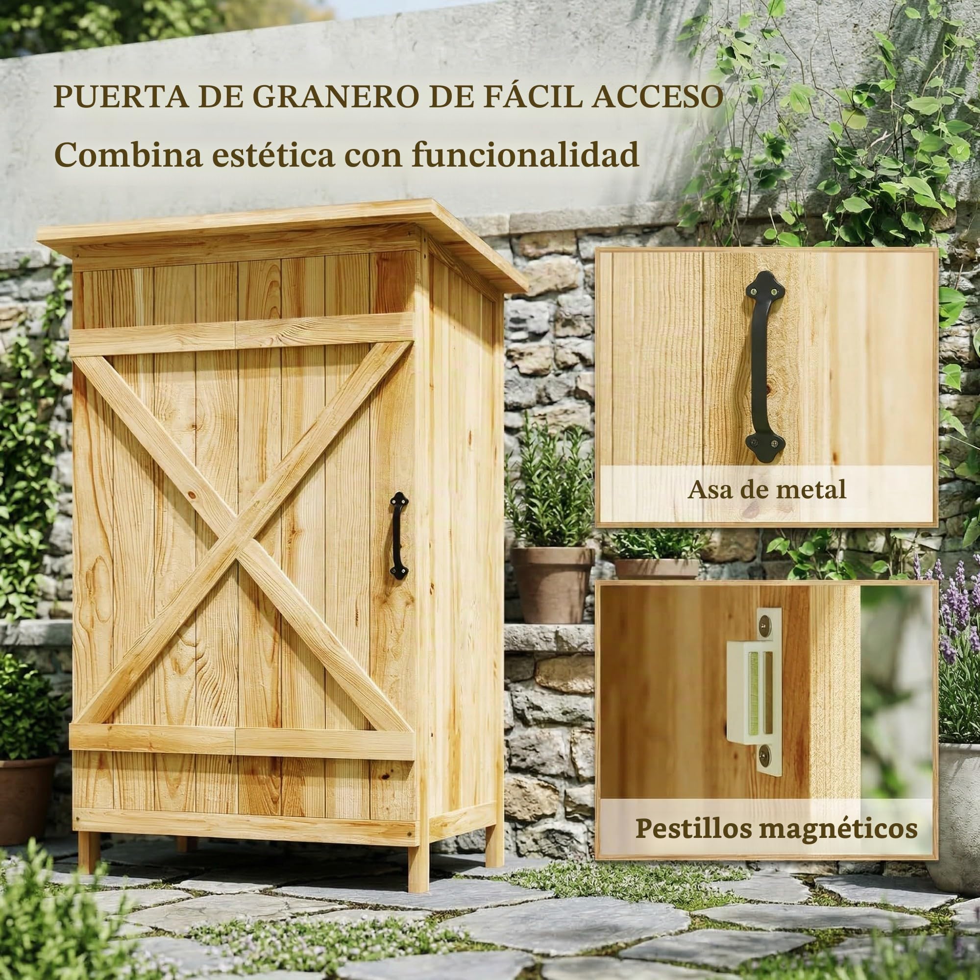 Outsunny Caseta de Jardín de Madera con 2 Estantes 63,5x40x90 cm Natural | Cobertizo Jardín Exterior, Armario para Almacenaje de Herramientas, Puerta Tipo Granero, Techo Acero Galvanizado