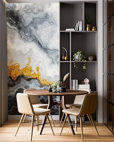 Miniatura 1 de Papel tapiz de mármol gris y dorado con piedra de cuarzo y ágata para despegar y pegar, diseño de salpicaduras doradas  Mural de pared extraíble.