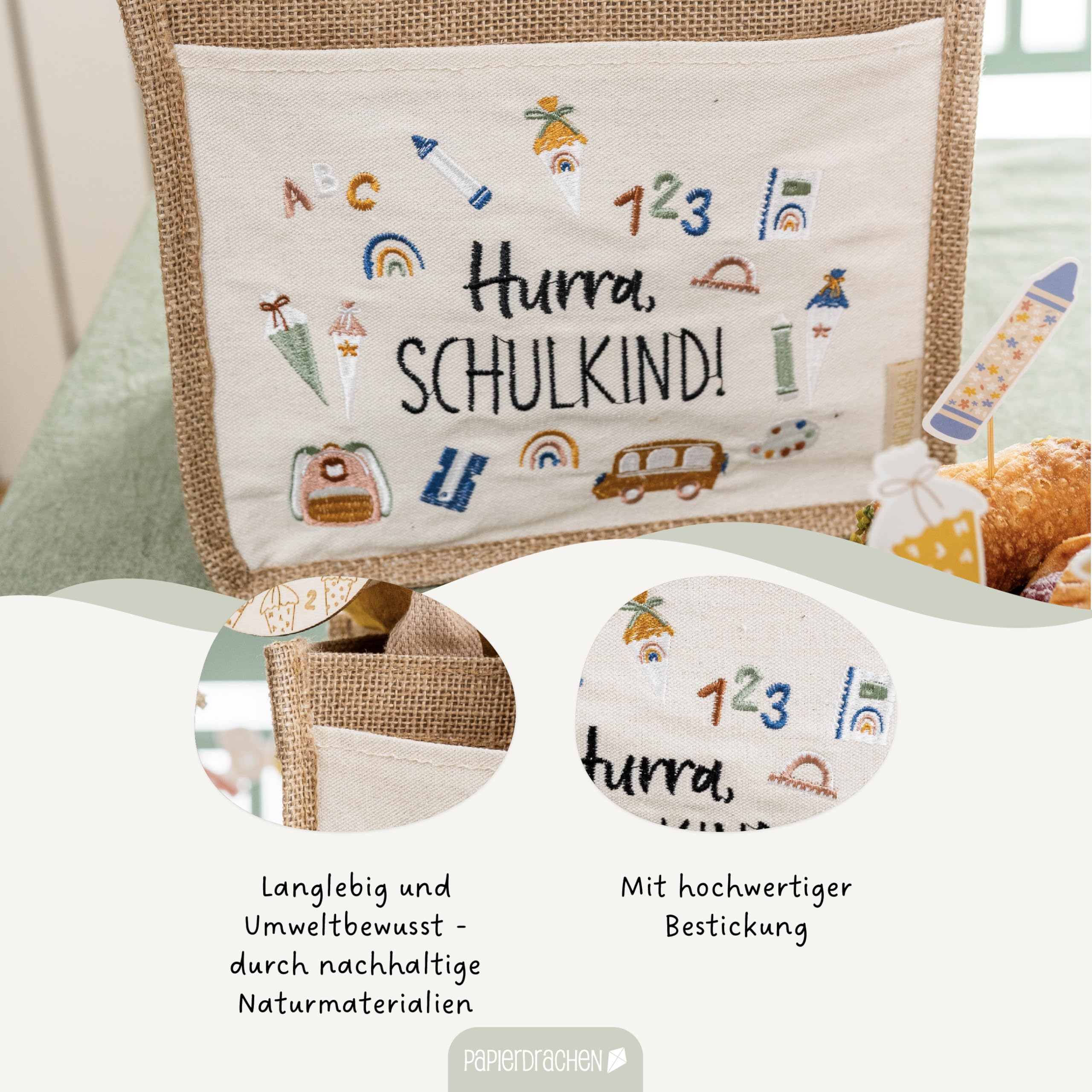 Papierdrachen Jute Bag "Hurra, Schulkind!" - First Day of School Gift - 25 x 15 cm + 13 cm Handle - Embroidered with Side Pocket - Set 1 - Image 2