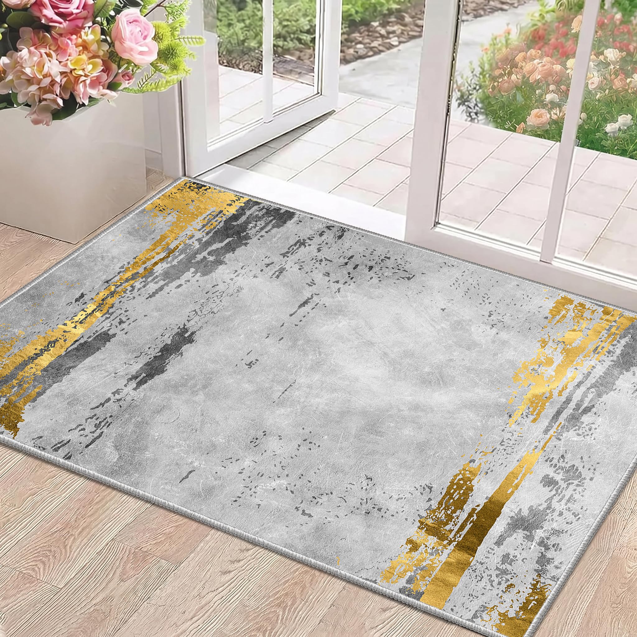 WQMMD Machine Washable Area Rug 60x90cm - Modern Grey and Gold Abstract Rug for Bedroom, Luxury Non-Slip Small Kitchen Mat, Art Deco Style Accent Rug for Entryway, Soft Low-Pile Indoor Rug