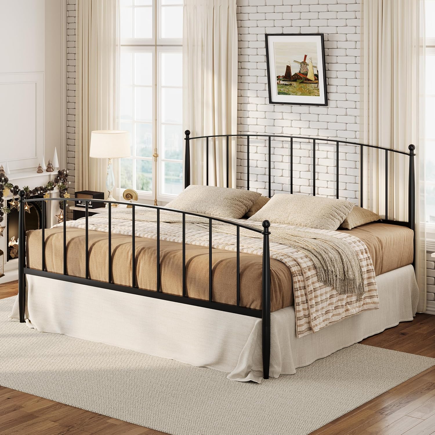 SHA CERLIN King Size Metal Platform Bed Frame with Victorian Style Iron-Art Headboard and Footboard, Easy Assembly, No Box Spring Needed, Black