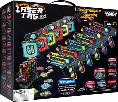 Squad Hero Rechargeable Laser Tag 360 Sensors + LCDs - Set of 6 - Birthday Gift Ideas for Kids Teens & Adults Boys & Girls Family Fun - Cool Teenage Lazer Group Activity, Teen Gifts Ages 8+ Year Old