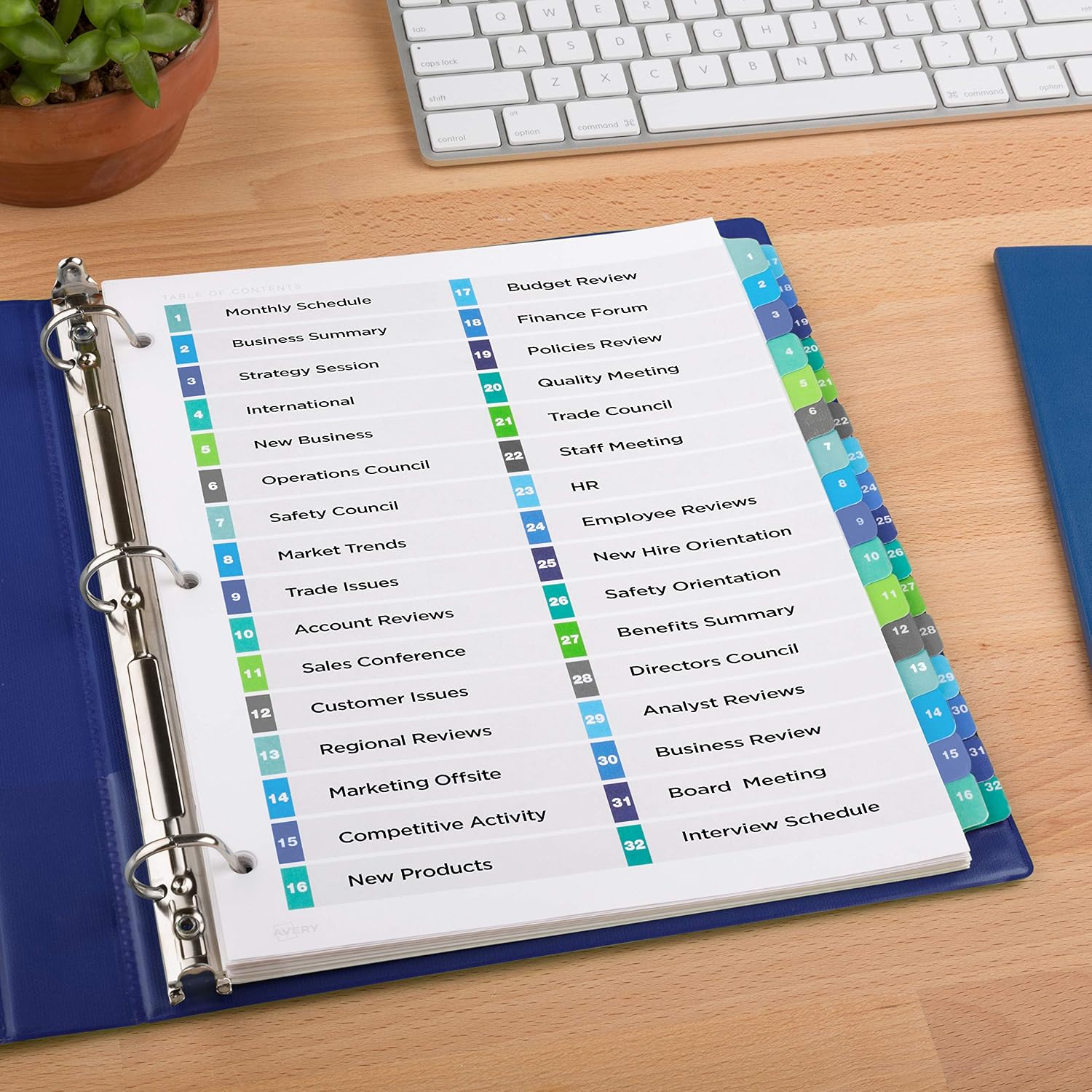 Avery Double Column 32 Tab Dividers for 3 Ring Binders, Customizable Table of Contents, Multicolor Tabs, 1 Set (11322)