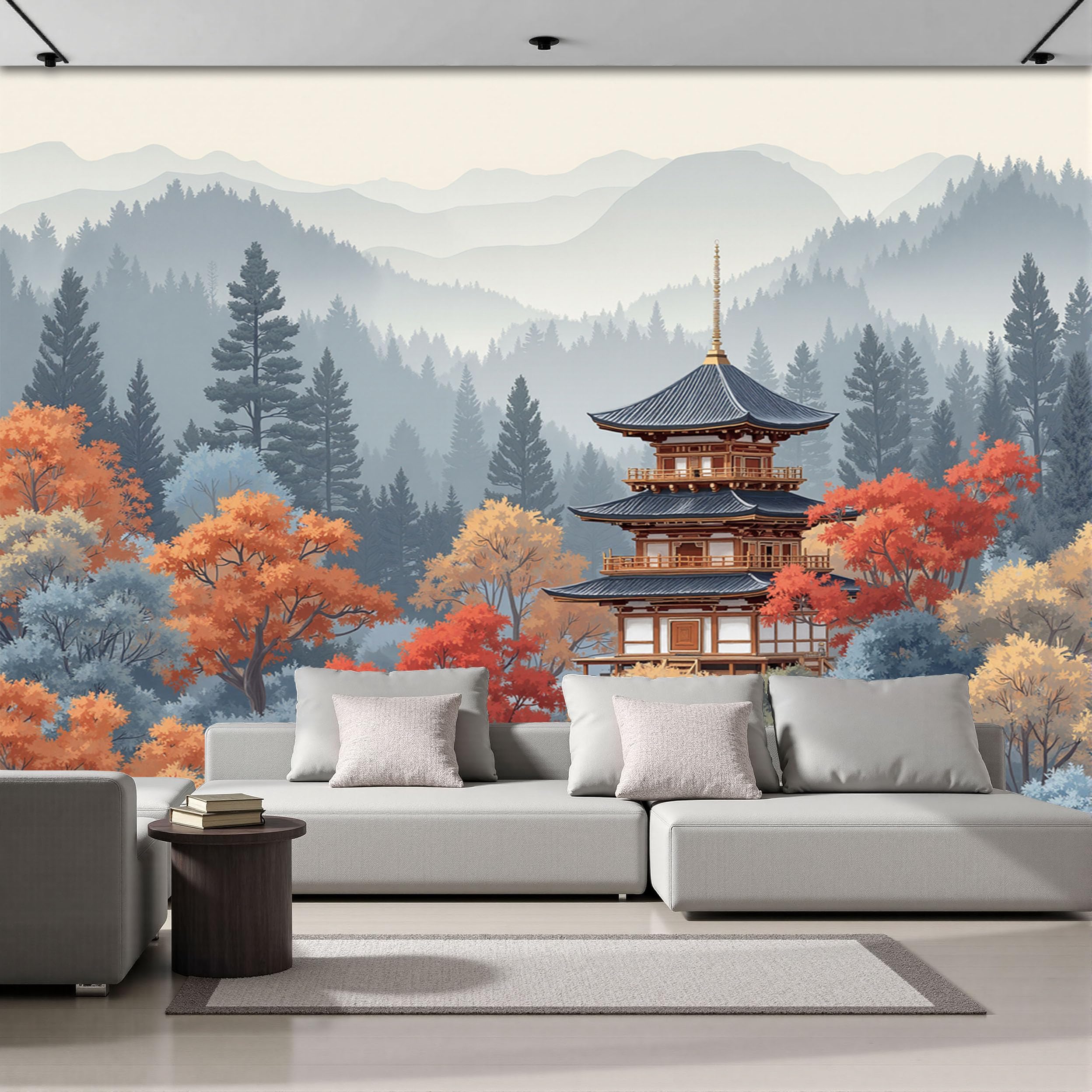 Papier peint arbres du temple paysage japonais panoramique gris-orange tableaux muraux salon