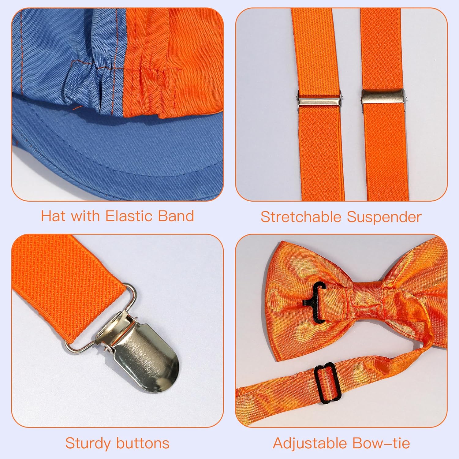 4PCS Halloween Costume Accessories Set for Kids - Blue & Orange Hat, Orange Suspender, Bow-tie and Glasses for Boys Girls Themed Party Dress Up - Image 3