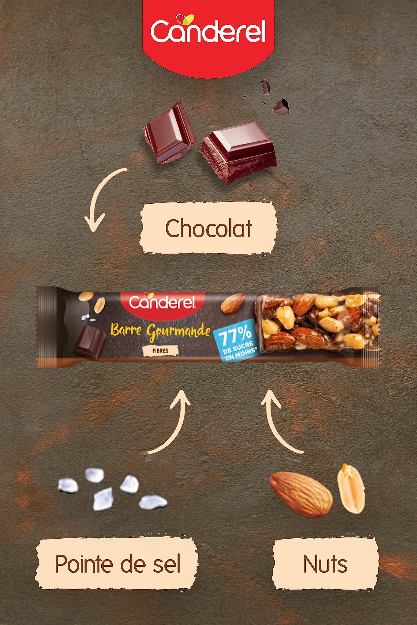 Canderel - Barres Gourmandes Nuts, Chocolat & Pointe de Sel - Riche en fibres - Sans sucré ajouté | 3 x 35g