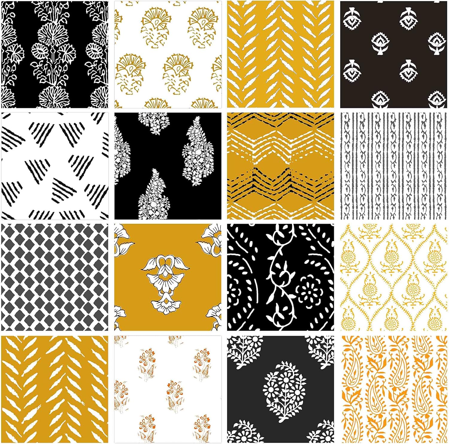 Soimoi 16 Pc Fat Quarter Bundle, Asian Block Print 18"x 22" DIY Patchwork- 100% Cotton Pre-Cut Quilting Fabric Black Yellow White