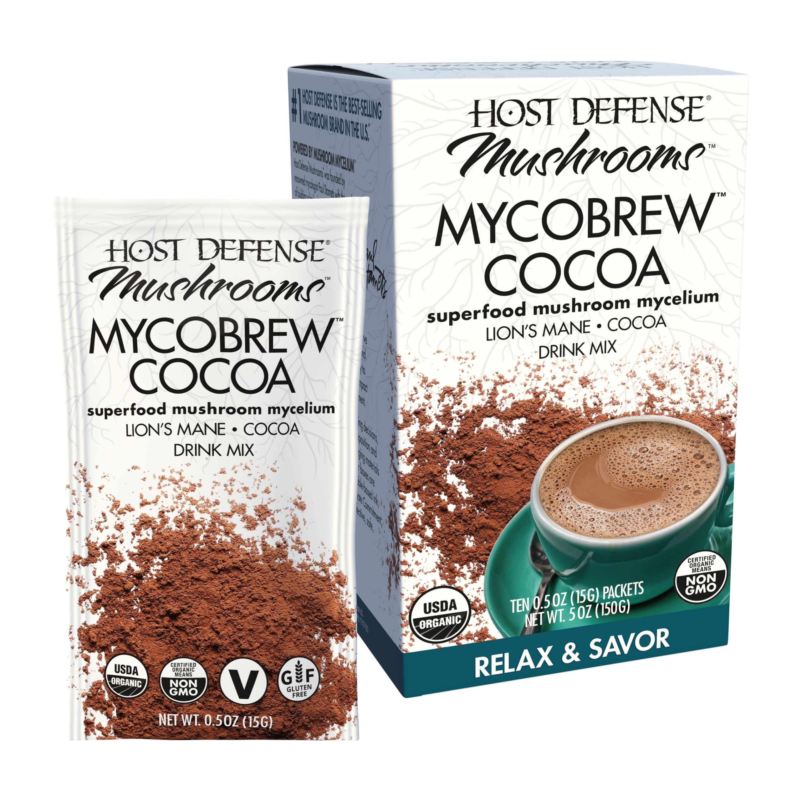 Host Defense MycoBrew Cocoa - Cocoa Drink Mix Includes Lion's Mane Mushroom Powder - Superfood Powder Drink Mix with Fair Trade Certified Chocolate - 10 Packets (10 Servings)USDA OrganicFair Trade CertifiedFair Trade CertifiedFair Trade Certified
