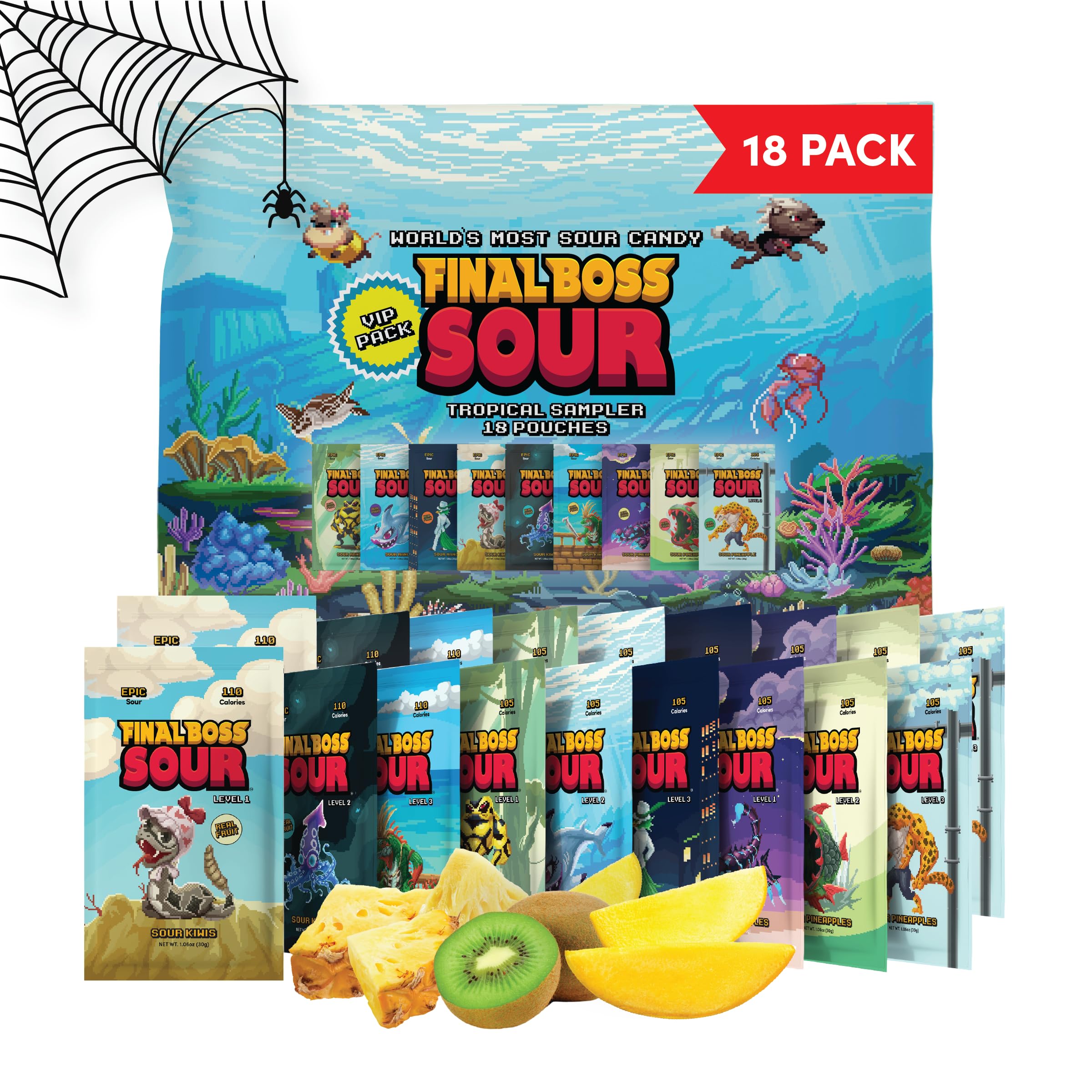 Final Boss Super Halloween Sour Candy, Tropical Sampler, 18 Pack, All Sour Levels, Fruit Chews with Real Dried Fruit, No Artificial Colors or Flavors, Low Calorie Snack for Kids, Teens & Adults