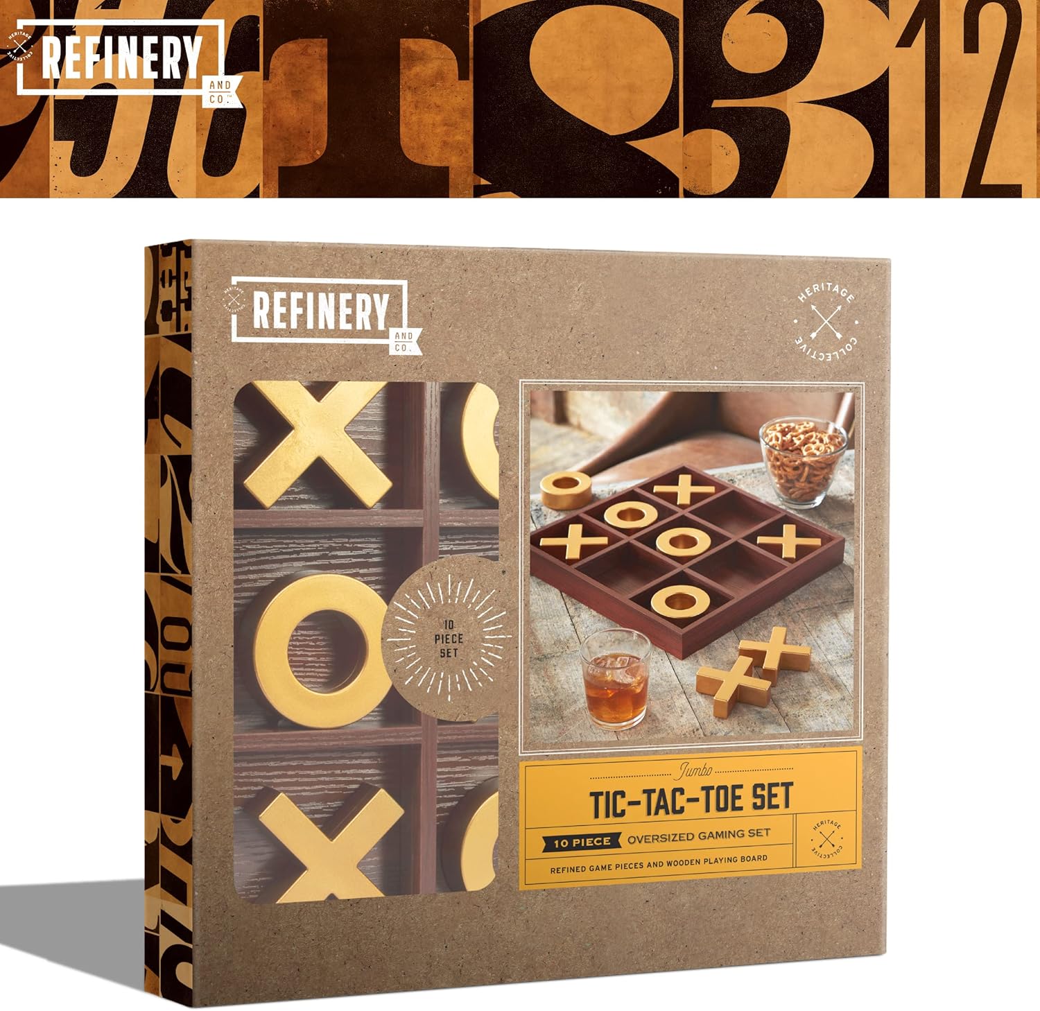 Refinery and Co. 10-Piece Premium Solid Wood Tic-Tac-Toe Board Game, Giant Gold 14 Outdoor/Indoor Party Set Toy for Children/Adults, Classic Coffee Table Home Dcor, House Warming Gift
