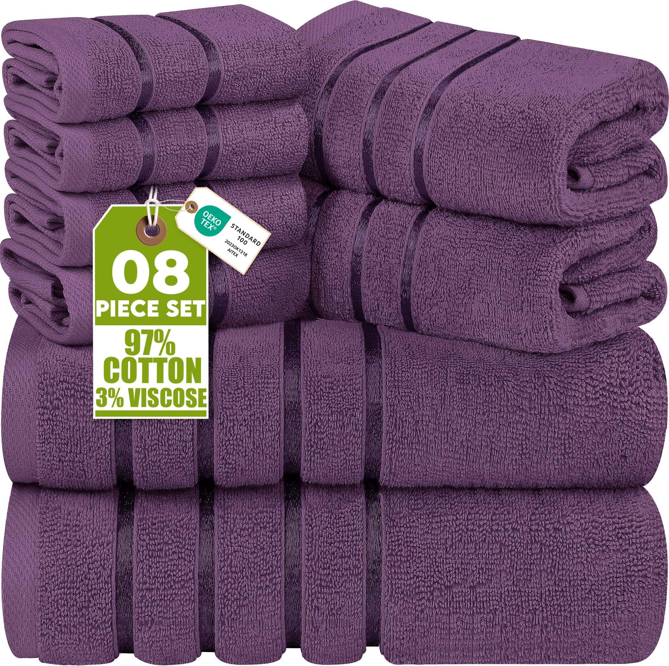 Utopia Towels 8-Piece Luxury Towel Set, 2 Bath Towels, 2 Hand Towels, and 4 Wash Cloths,97% Ring Spun Cotton Highly Absorbent Viscose Stripe Towels Ideal for Everyday use (Plum)