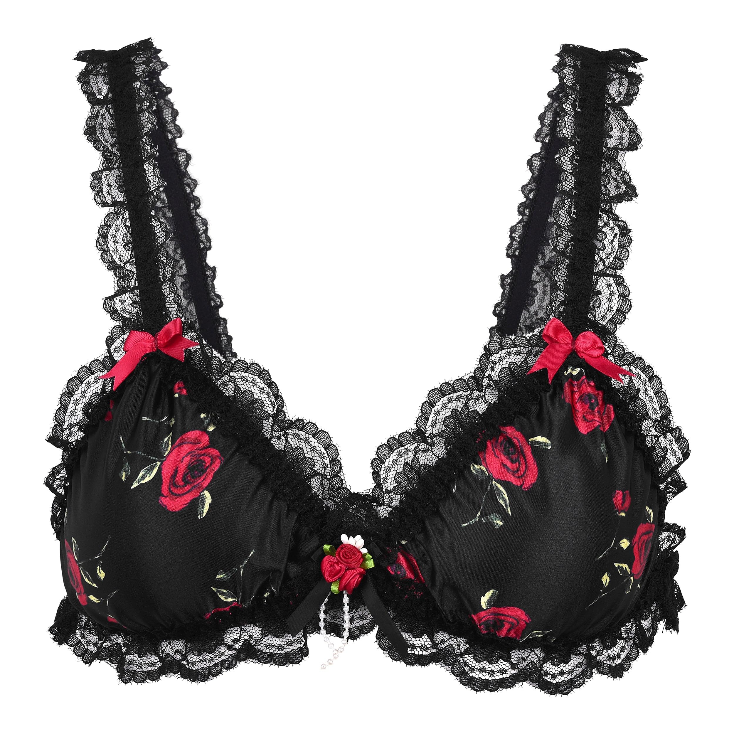 Satini Women's Black - Red Roses Satin Frilly Elasticated Bralette, Xxl