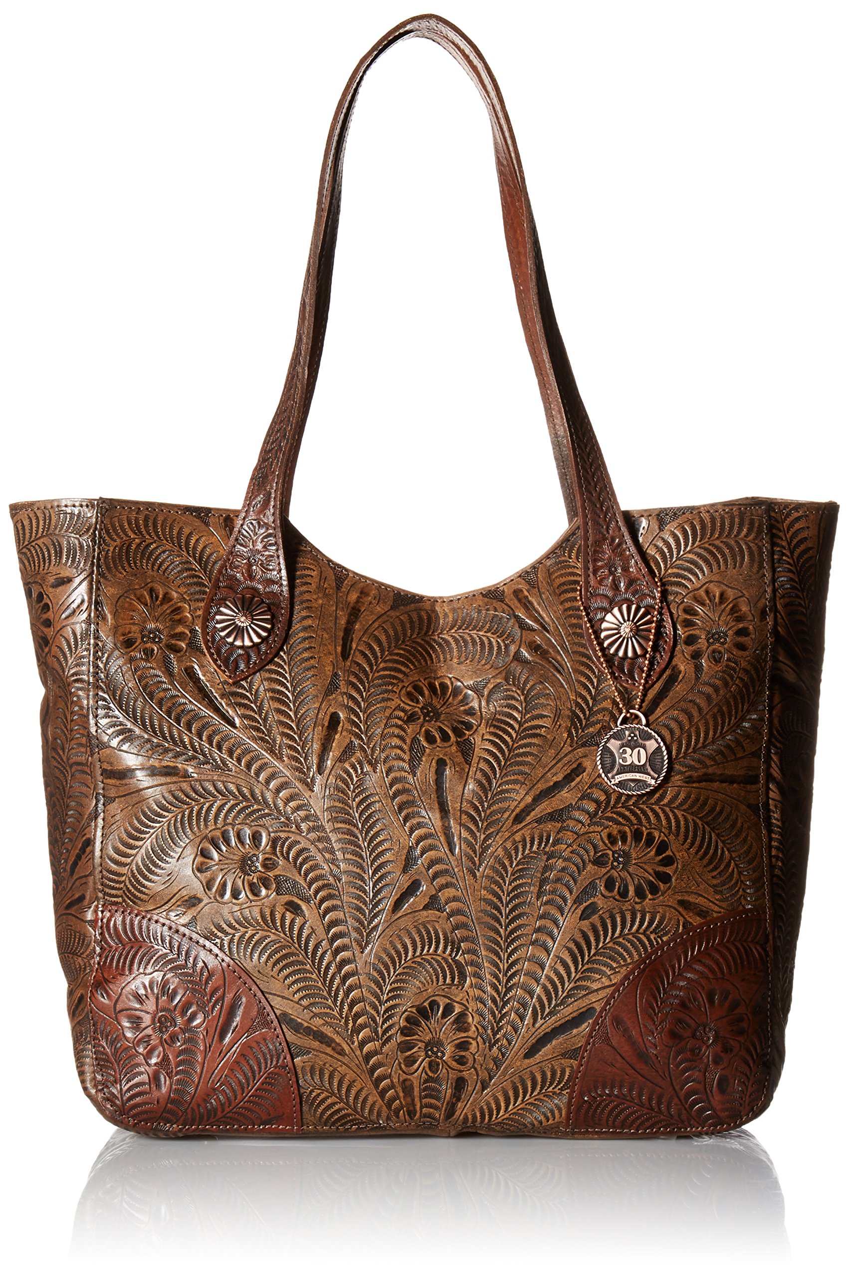 Hand Tooled Handcrafted 100% Genuine Leather Large Zip-Top Tote | Concealed Carry Pocket on Back | Purse for Women | Annie's Secret Collection | Western (Distressed Charcoal Brown)