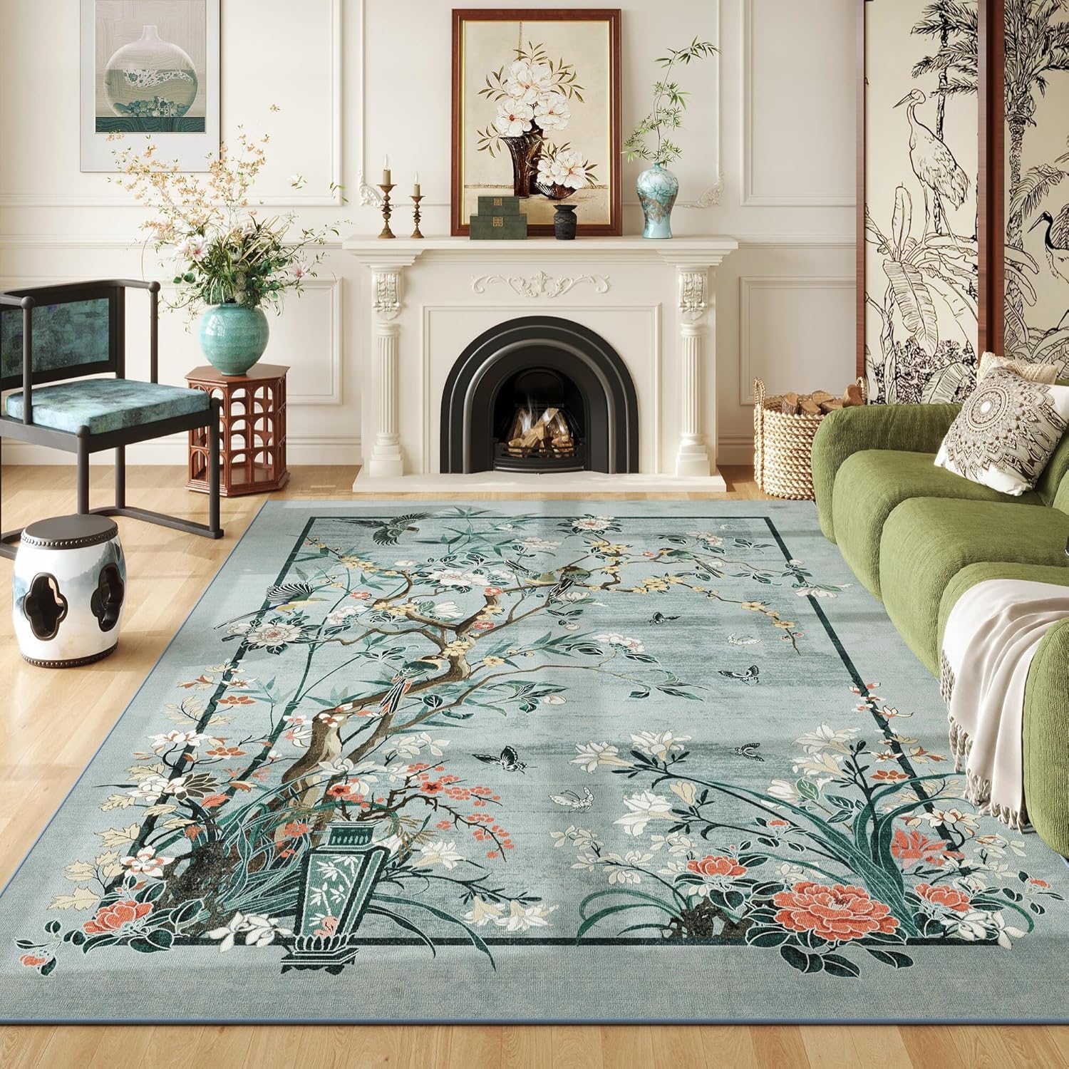 Area Rugs 8x10 Clearance Chinoiserie-Style Floral Vintage Machine Washable Non Slip Low Pile Large Rug for Bedroom, Farmhouse, Dining Room, Kids Playroom, Blue Blue - Chinoiserie 8' x 10' (Rectangular)